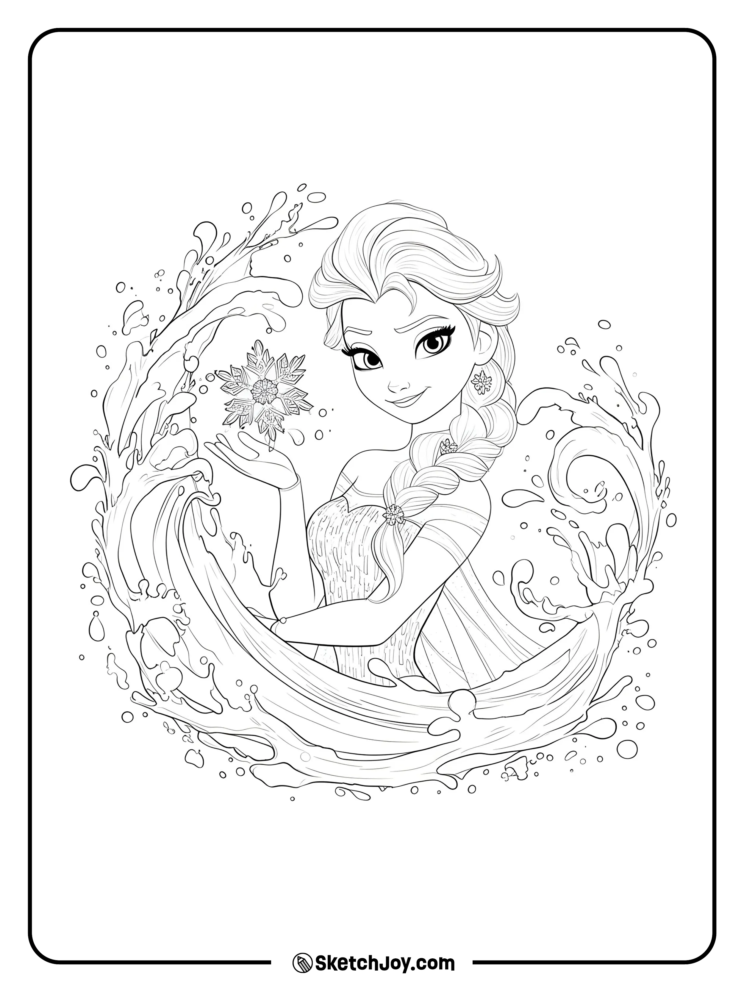 Elsa holds a big snowflake while a single water-splash arc circles around her