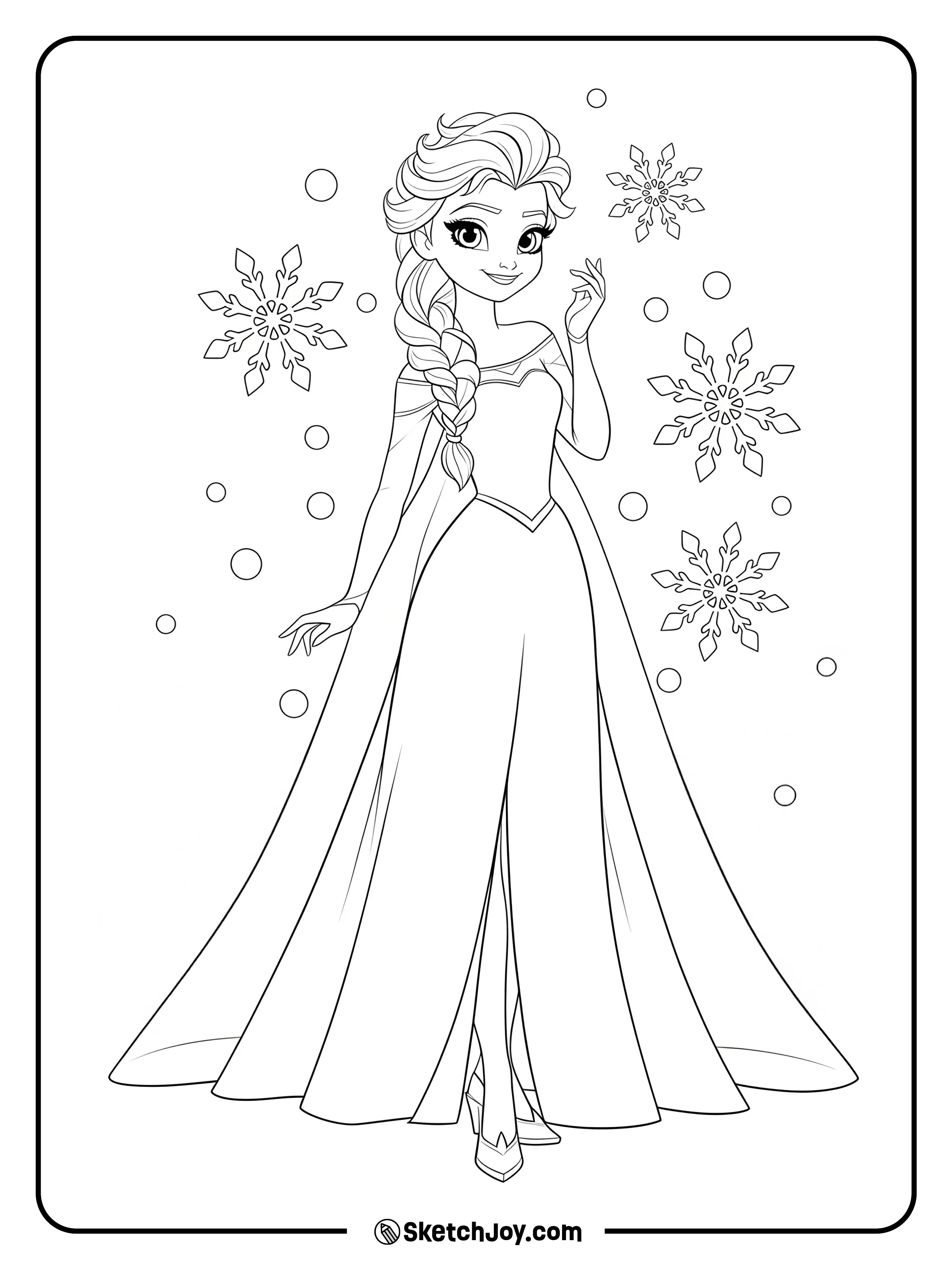 Elsa stands in her long gown and flowing cape