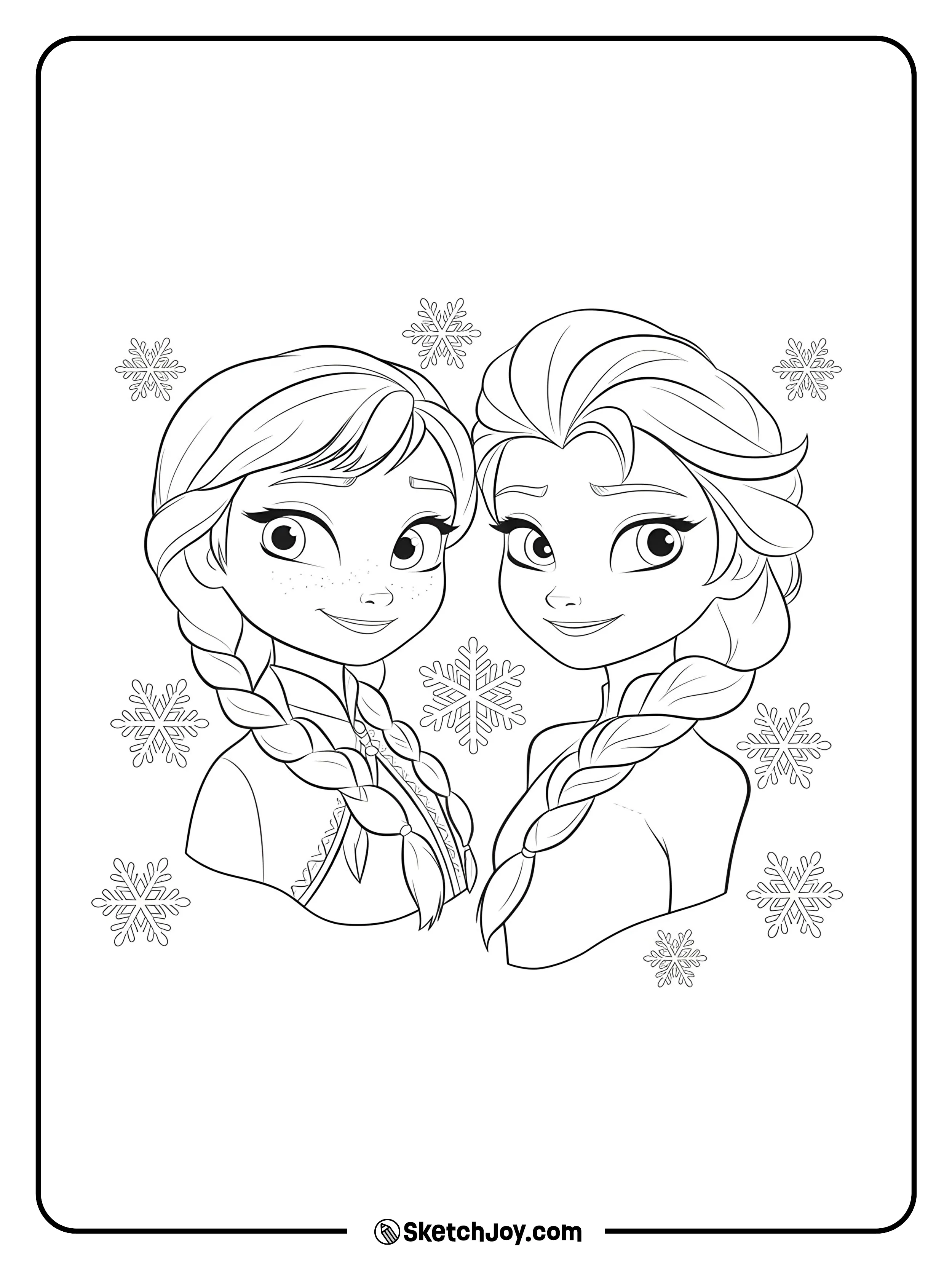 Shoulder-up portrait of Elsa and Anna with friendly smiles and neat braid
