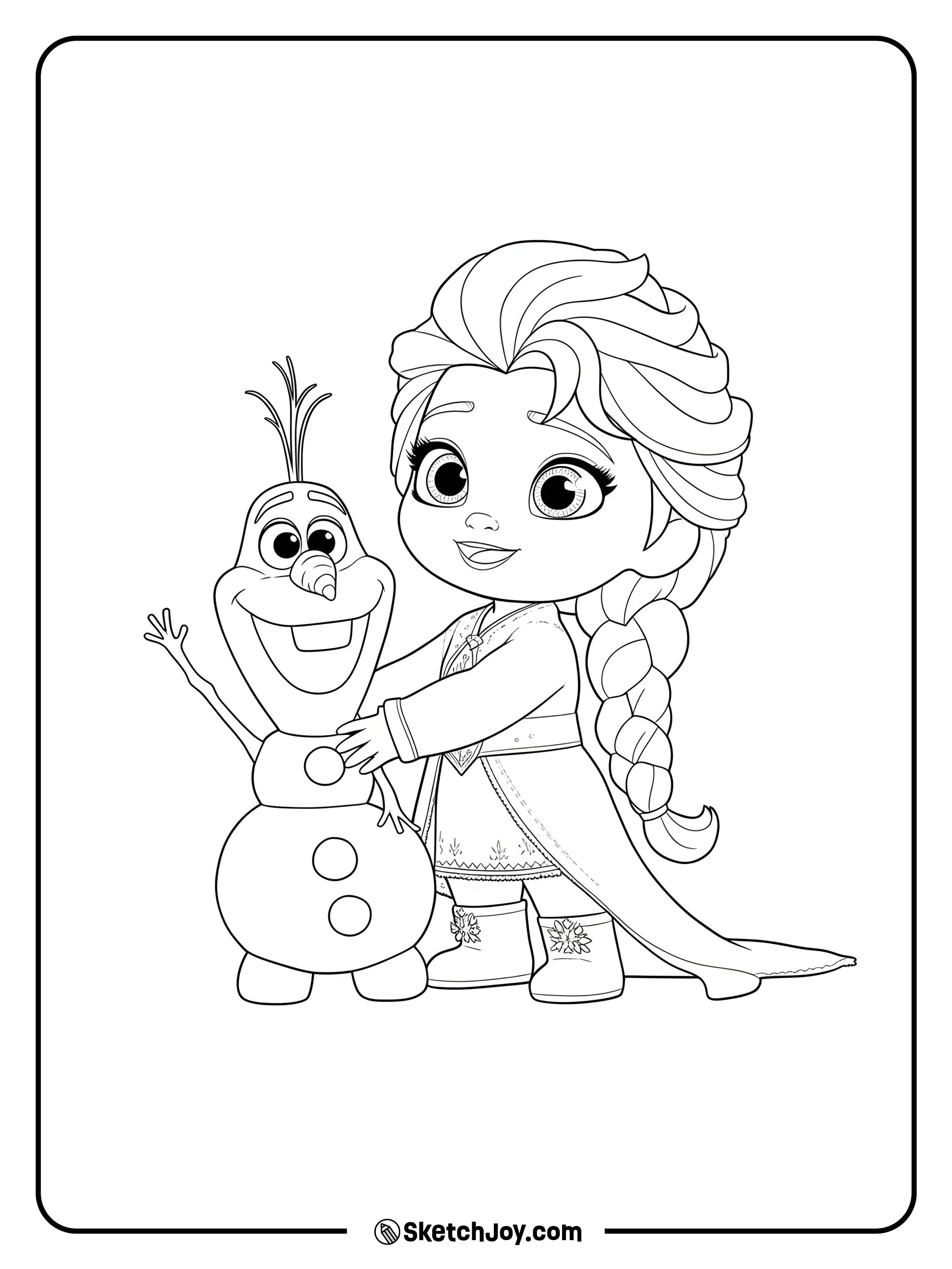 Elsa stands close to Olaf and gives him a gentle side hug