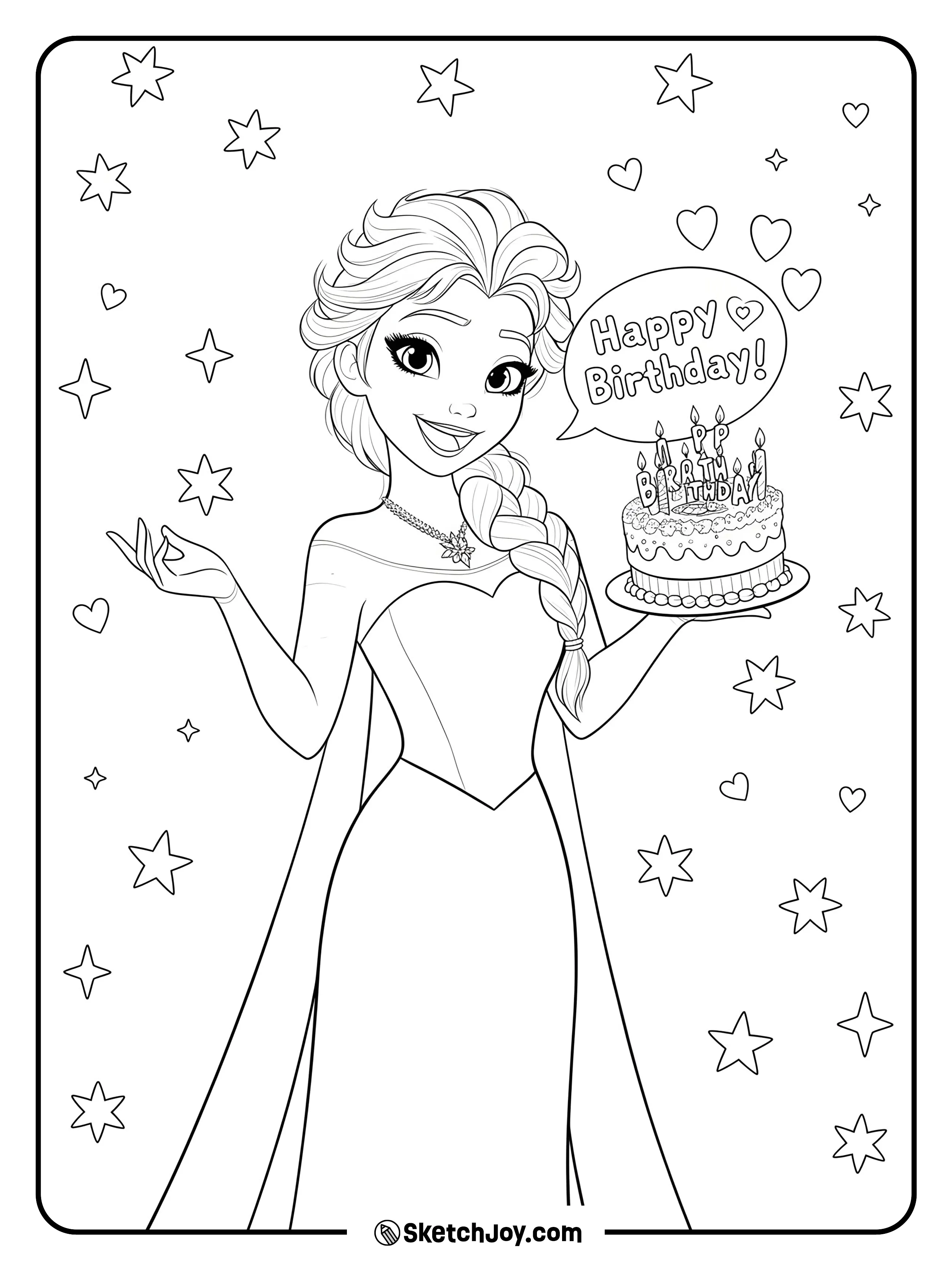 Elsa smiles and holds a birthday cake on a plate