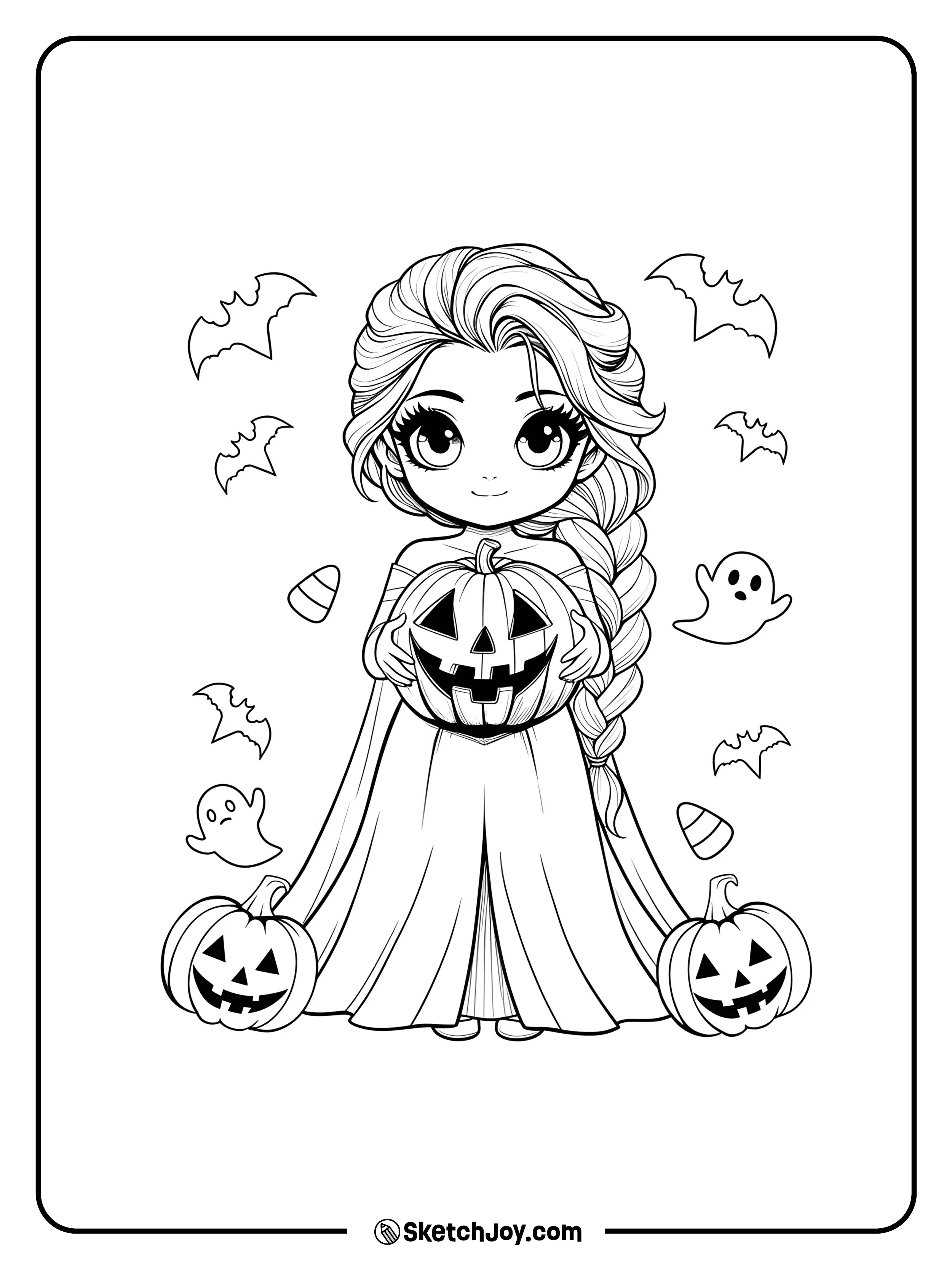Elsa stands with a gentle smile, holding a carved pumpkin