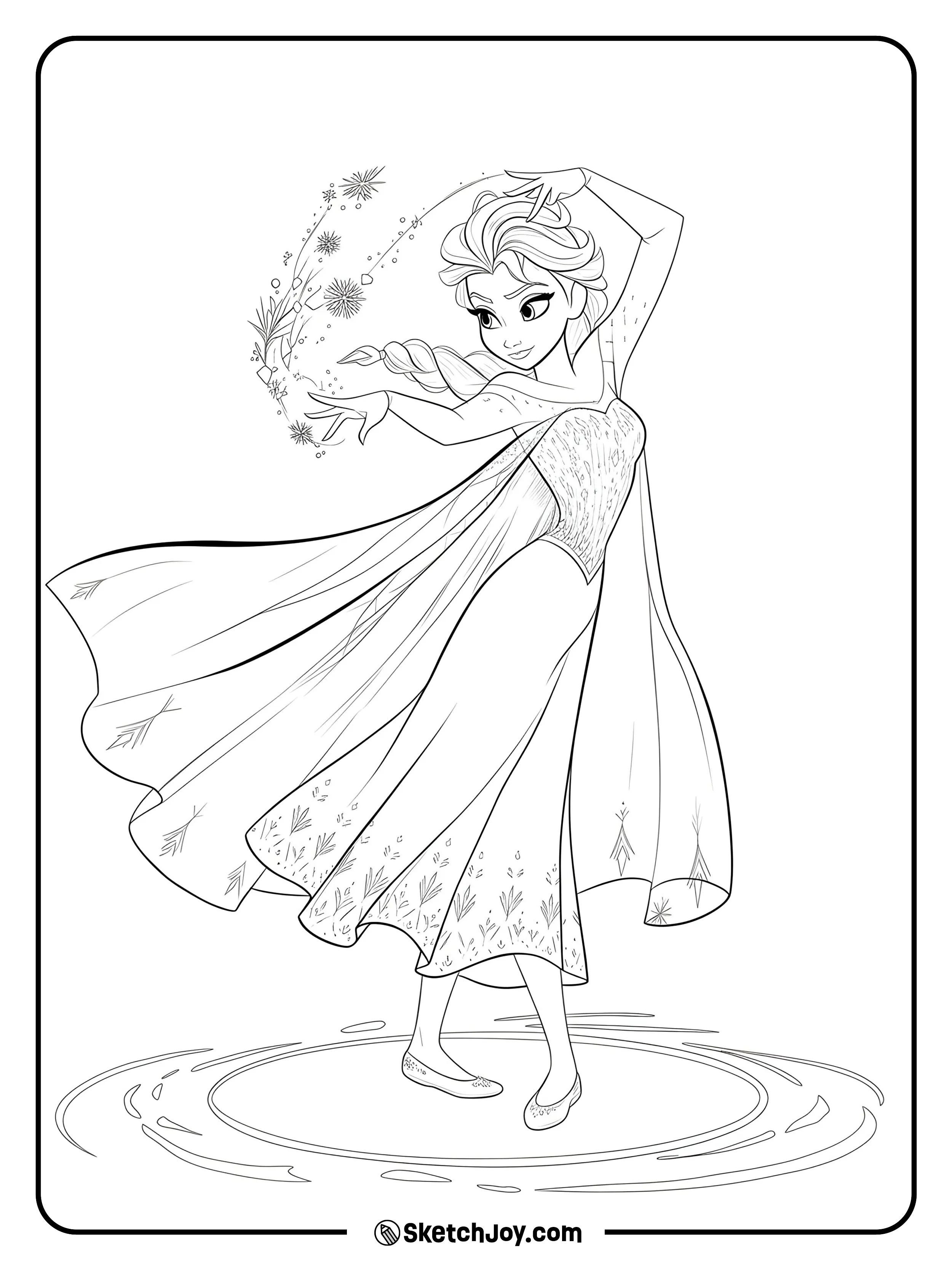 Elsa poses on a small frozen circle