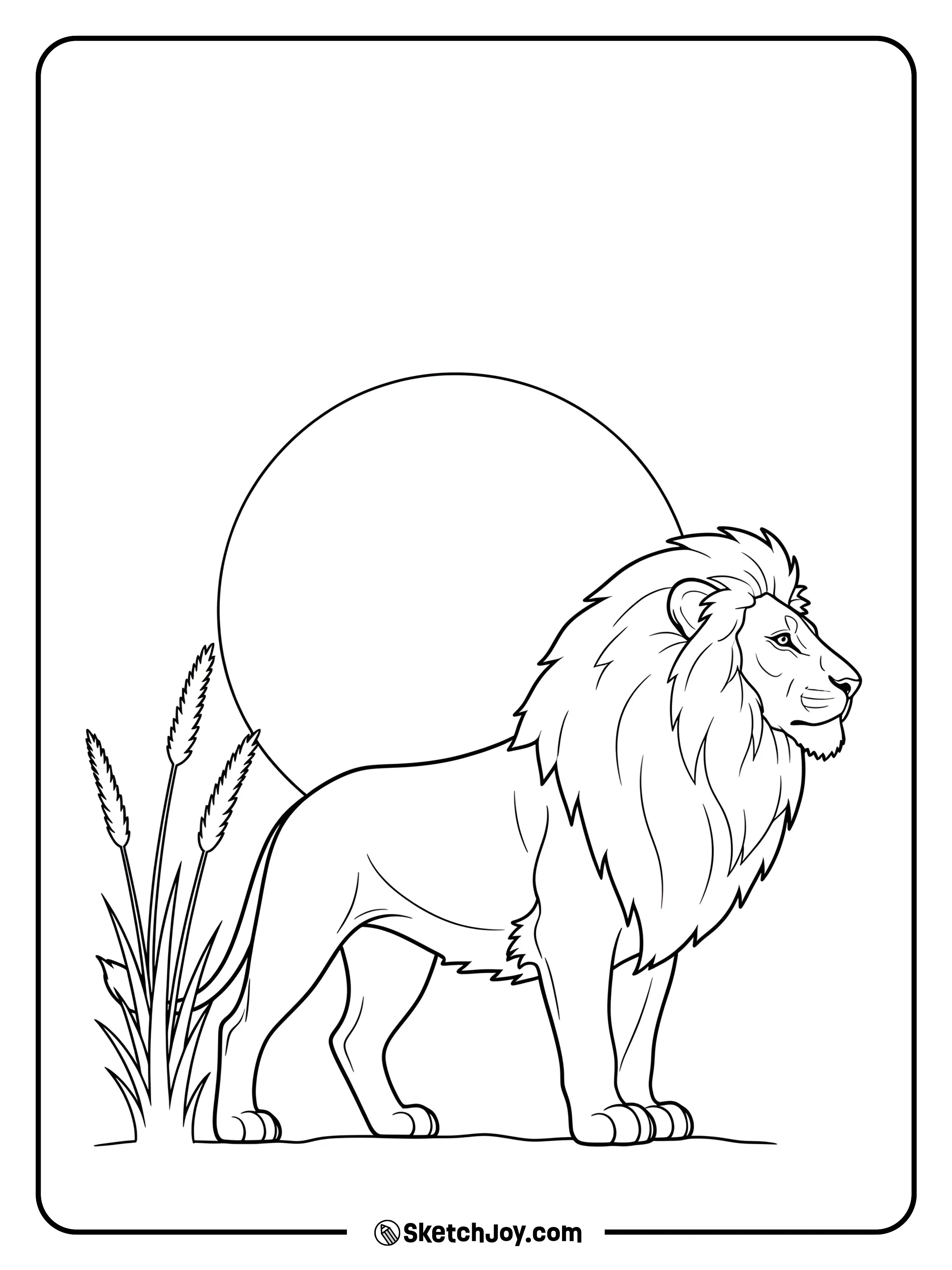 A bold lion shape stands against a big round sunset over grass.
