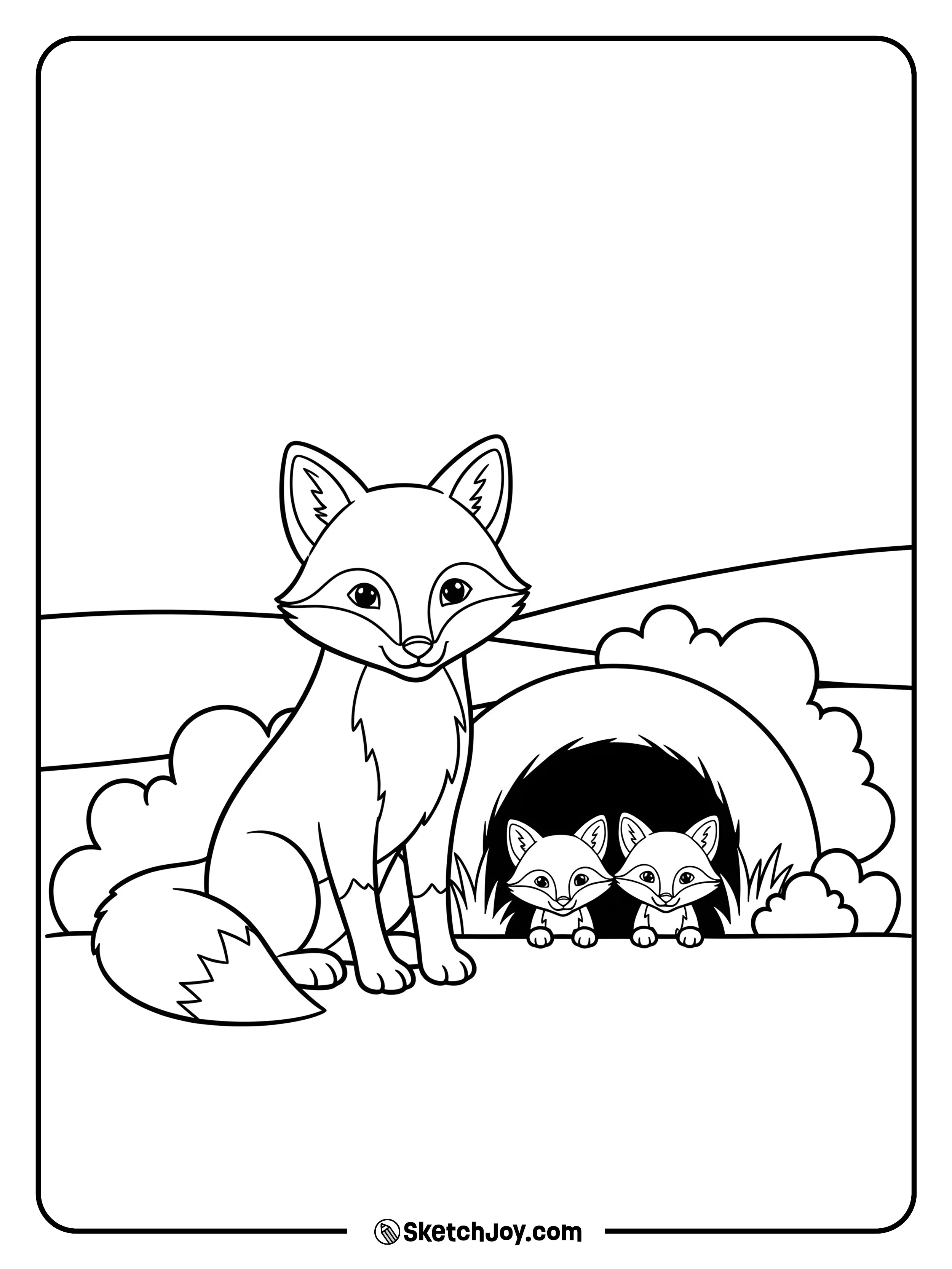 A watchful parent fox sits near a den while two kits peek out.