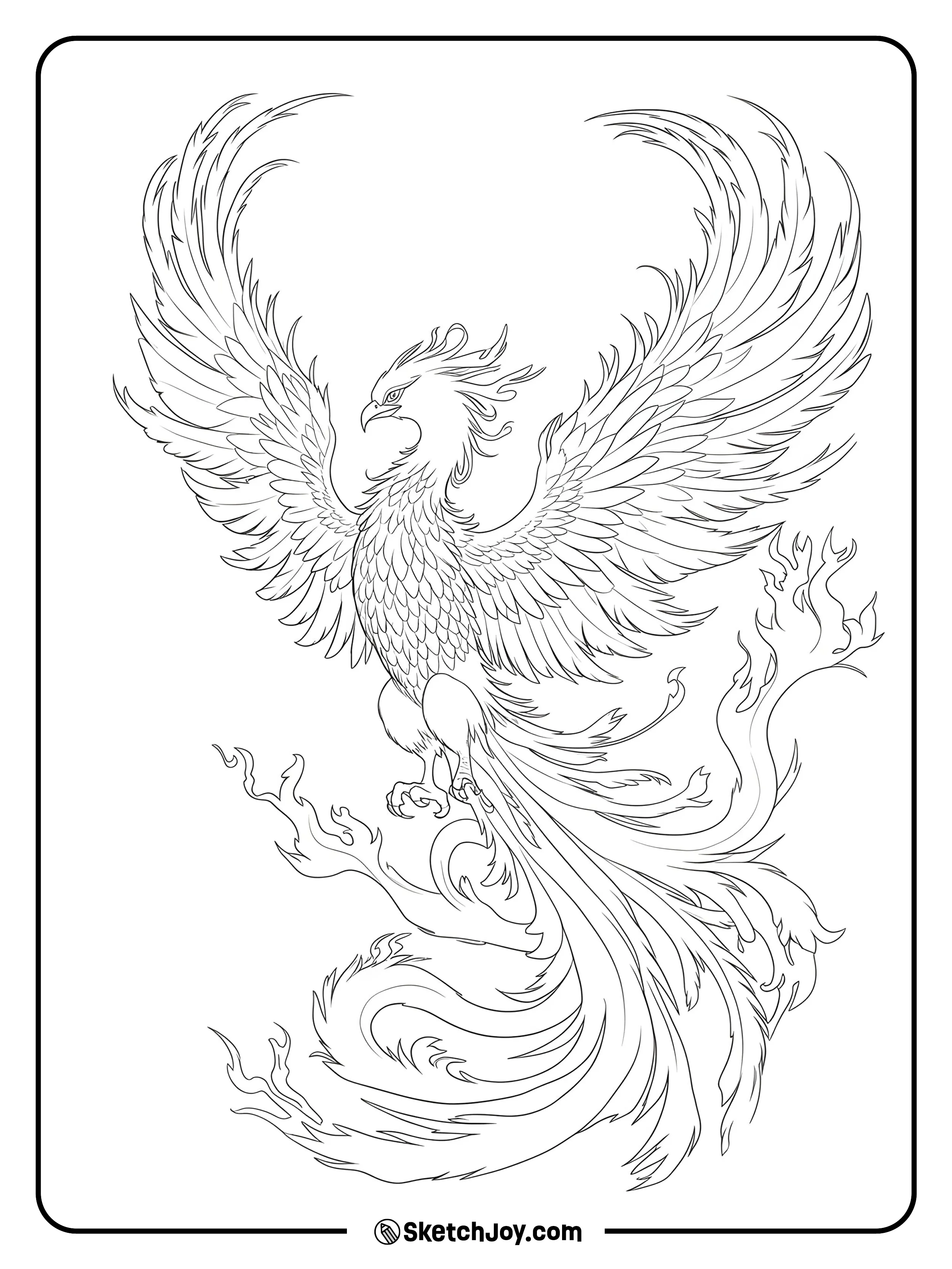 The phoenix lifts off with wide wings and a long, flowing tail of fire.
