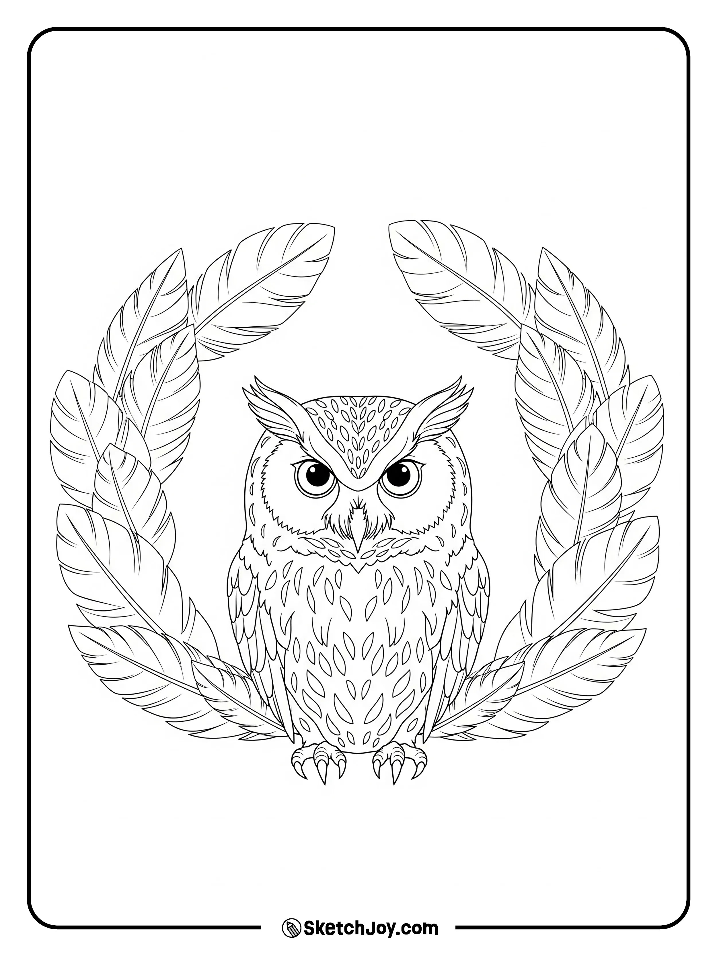 An owl sits centered inside a simple feather frame.