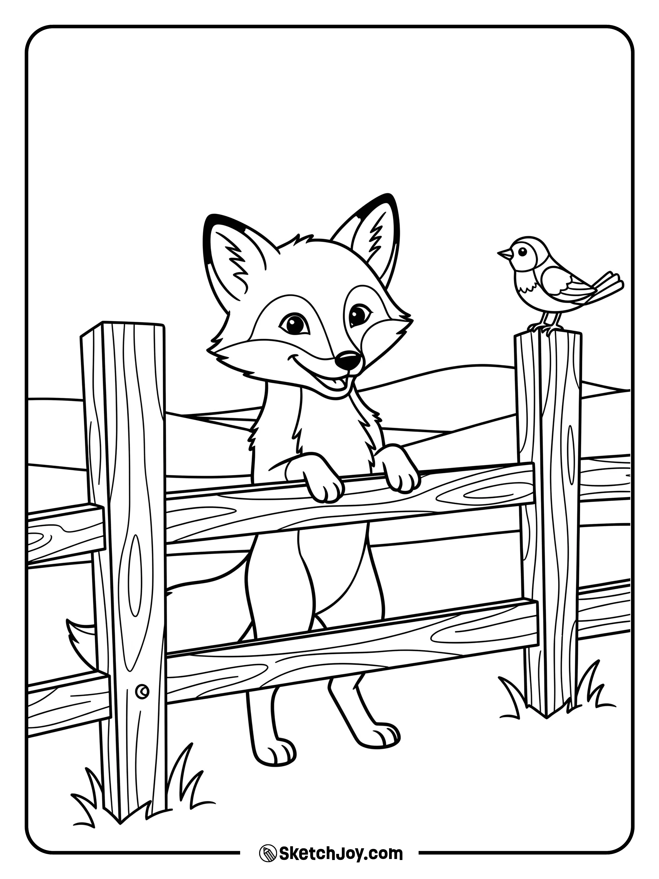 A fox balances paws on a fence while a small bird sits on a post.
