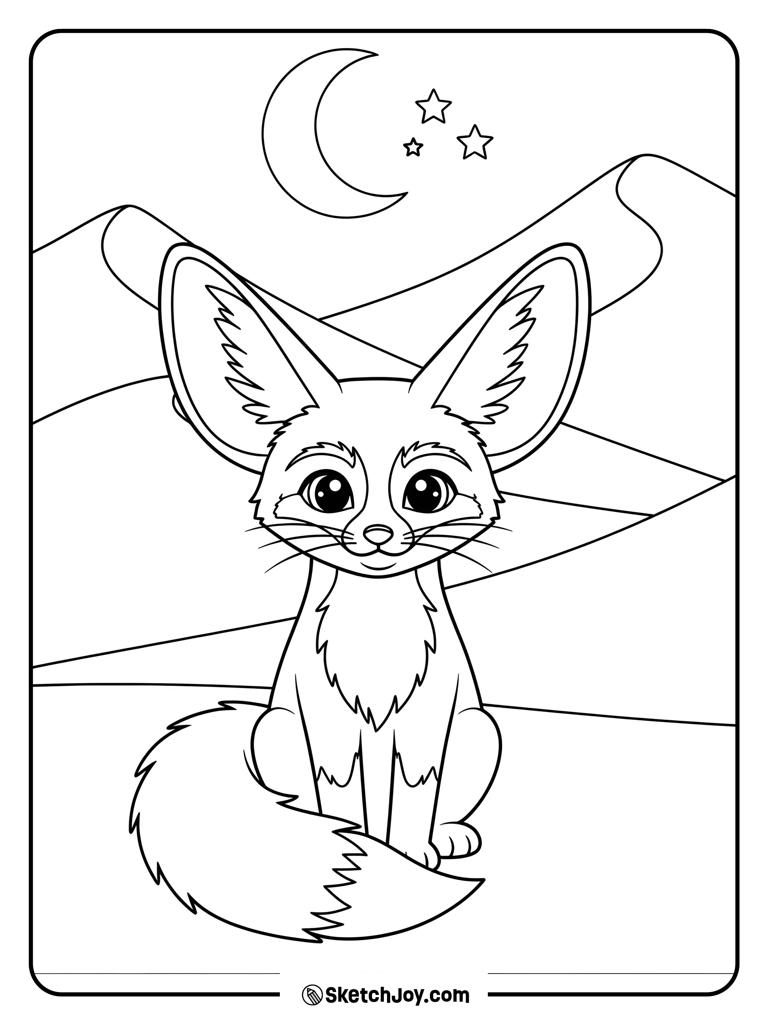 A big-eared fennec stands between smooth desert dunes