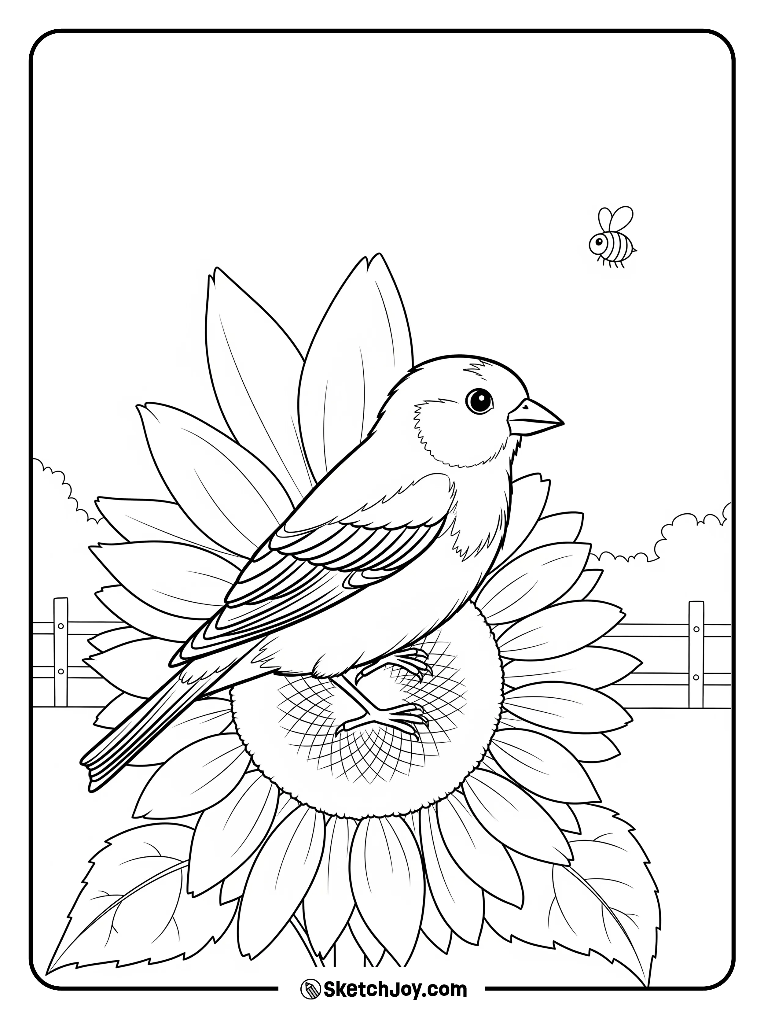 A tiny finch sits on a big flower head.