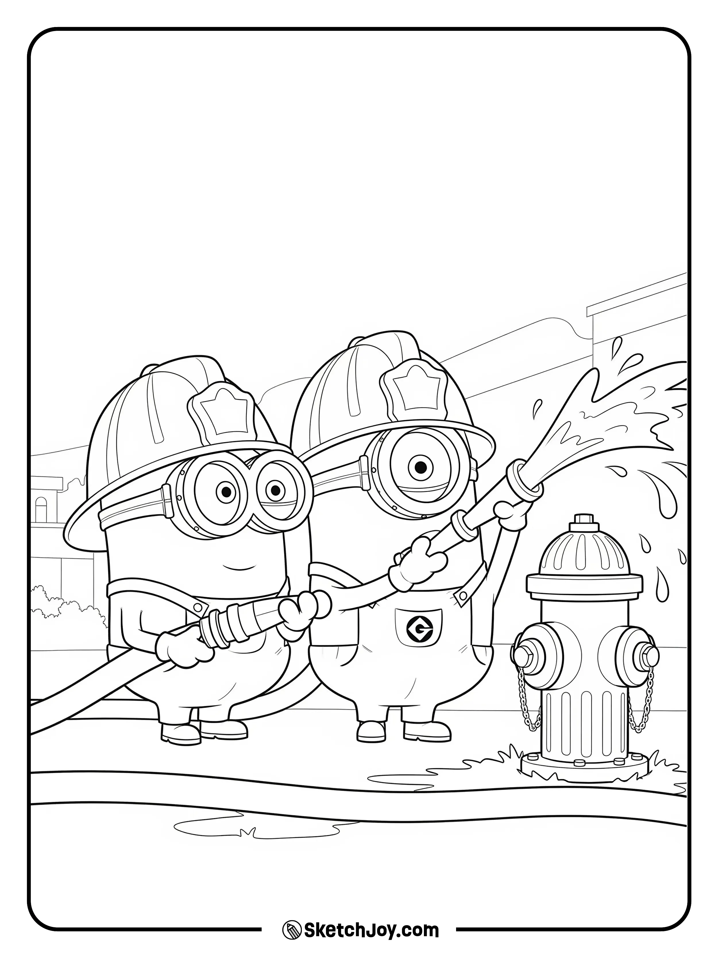 Two Minions hold a hose that sprays a small star-shaped splash.