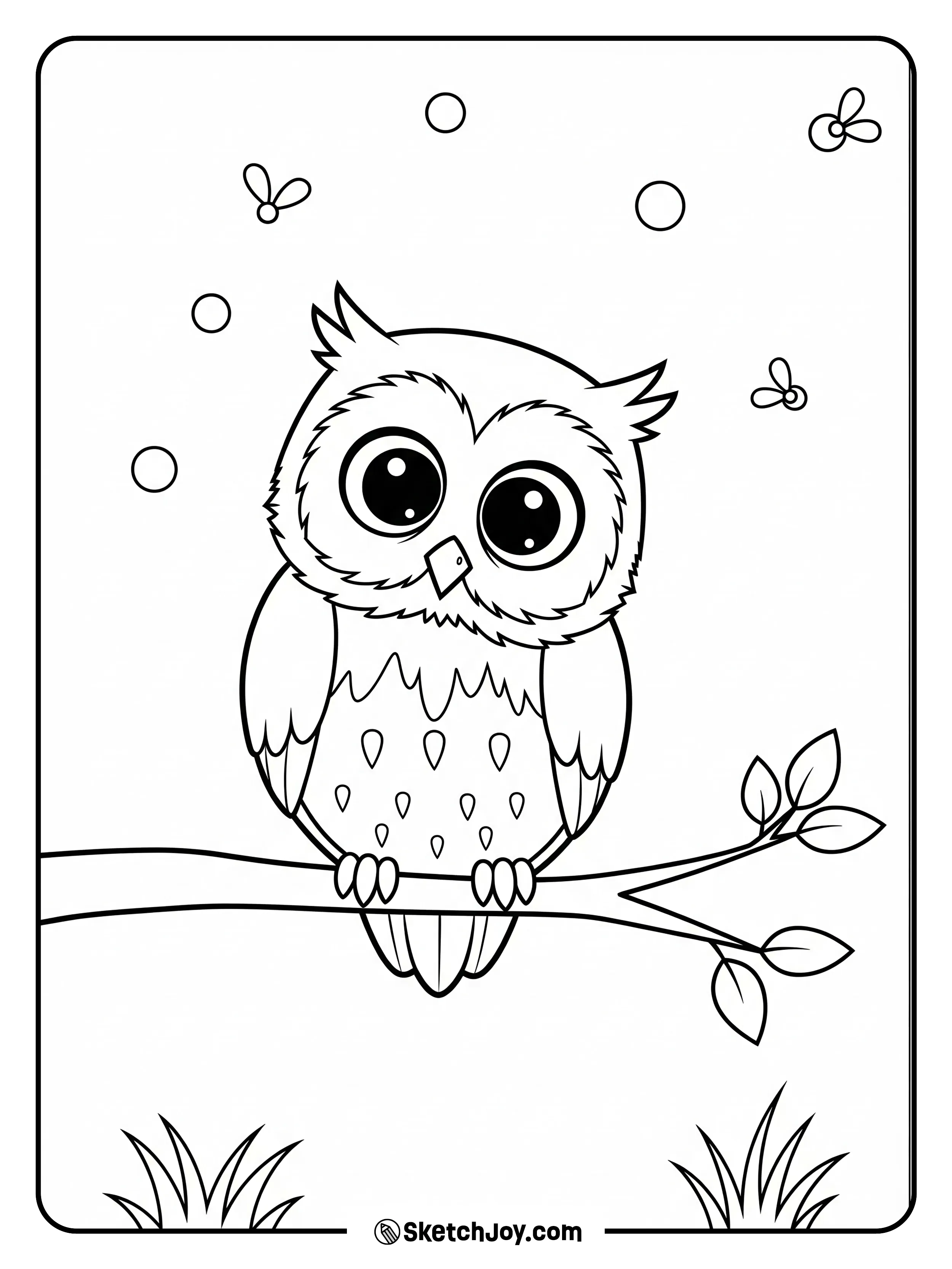 An owl sits on a branch while tiny fireflies glow in the field.