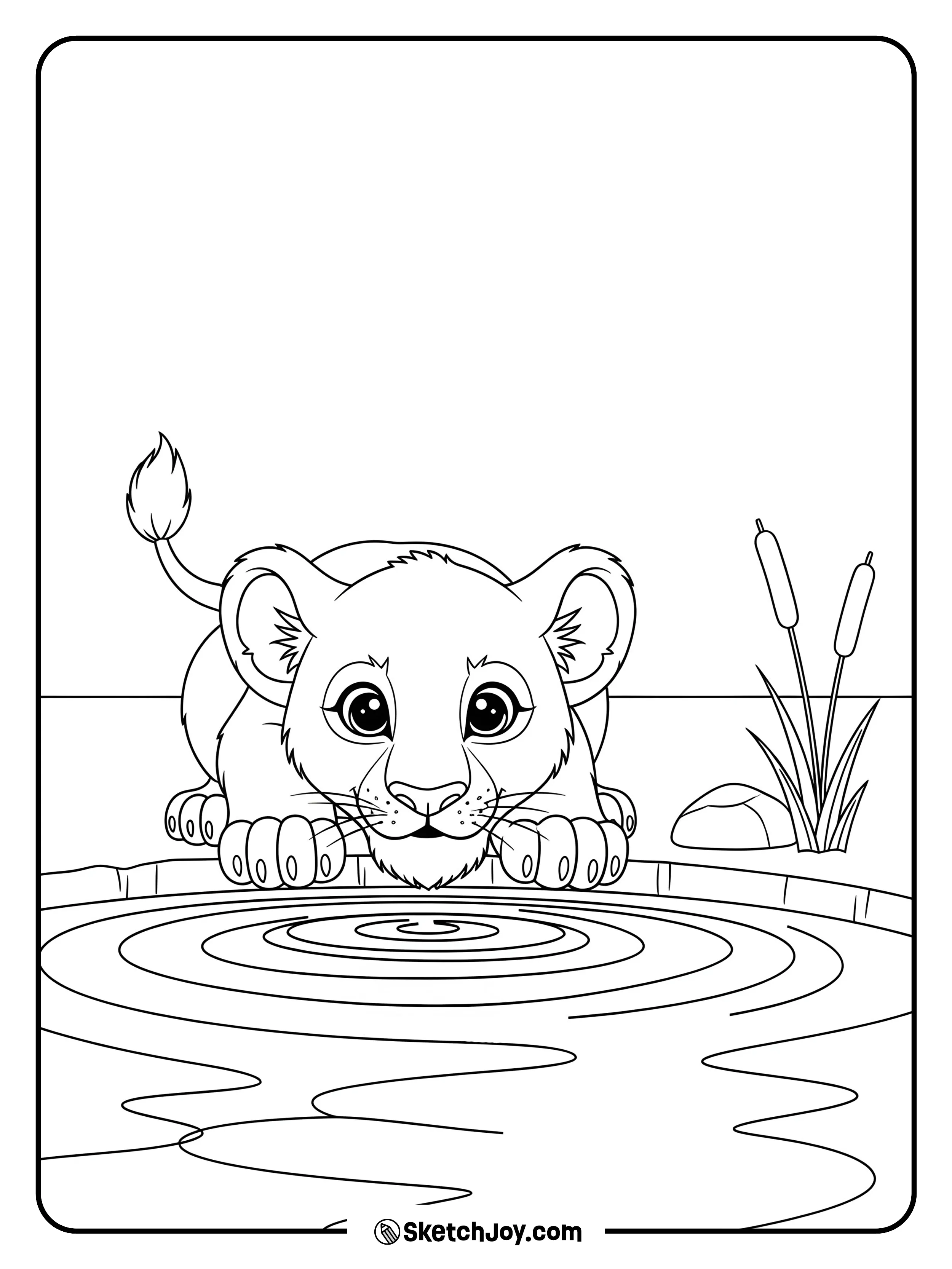 A curious lion cub leans to drink while a calm pool reflects the sky.