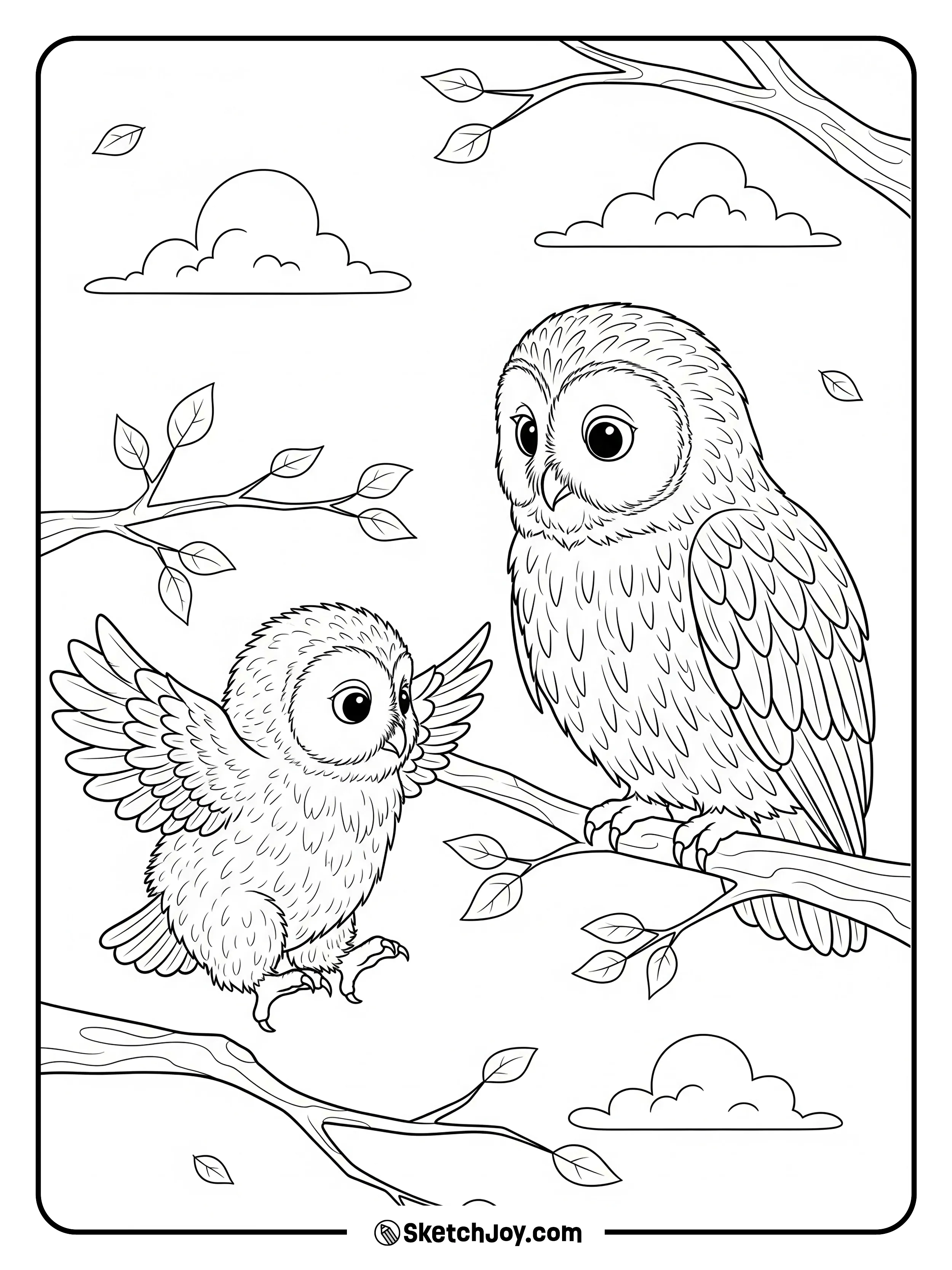 A young owl hops from one branch to another while a parent watches.