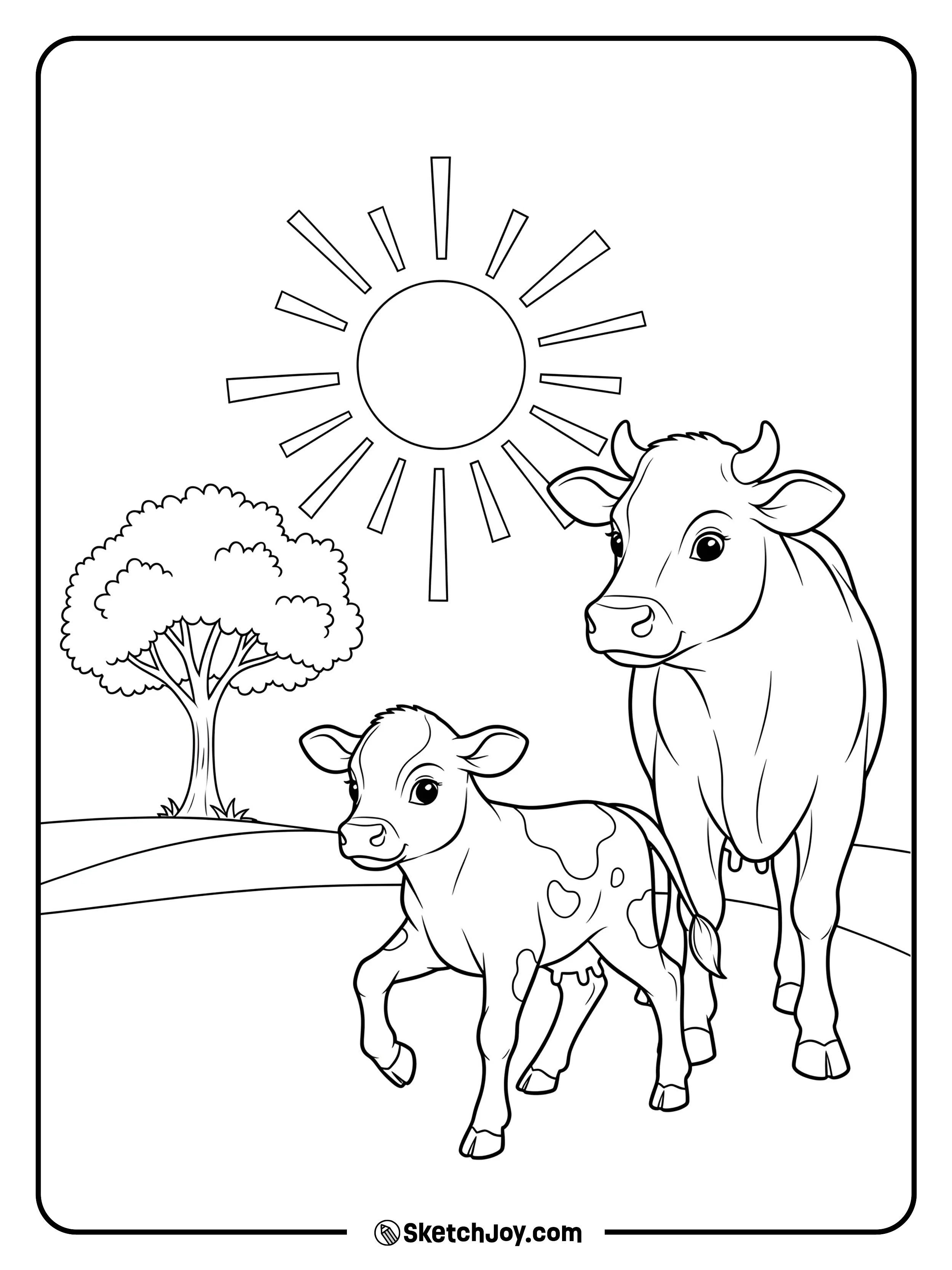A mama cow watches her calf take wobbly steps.