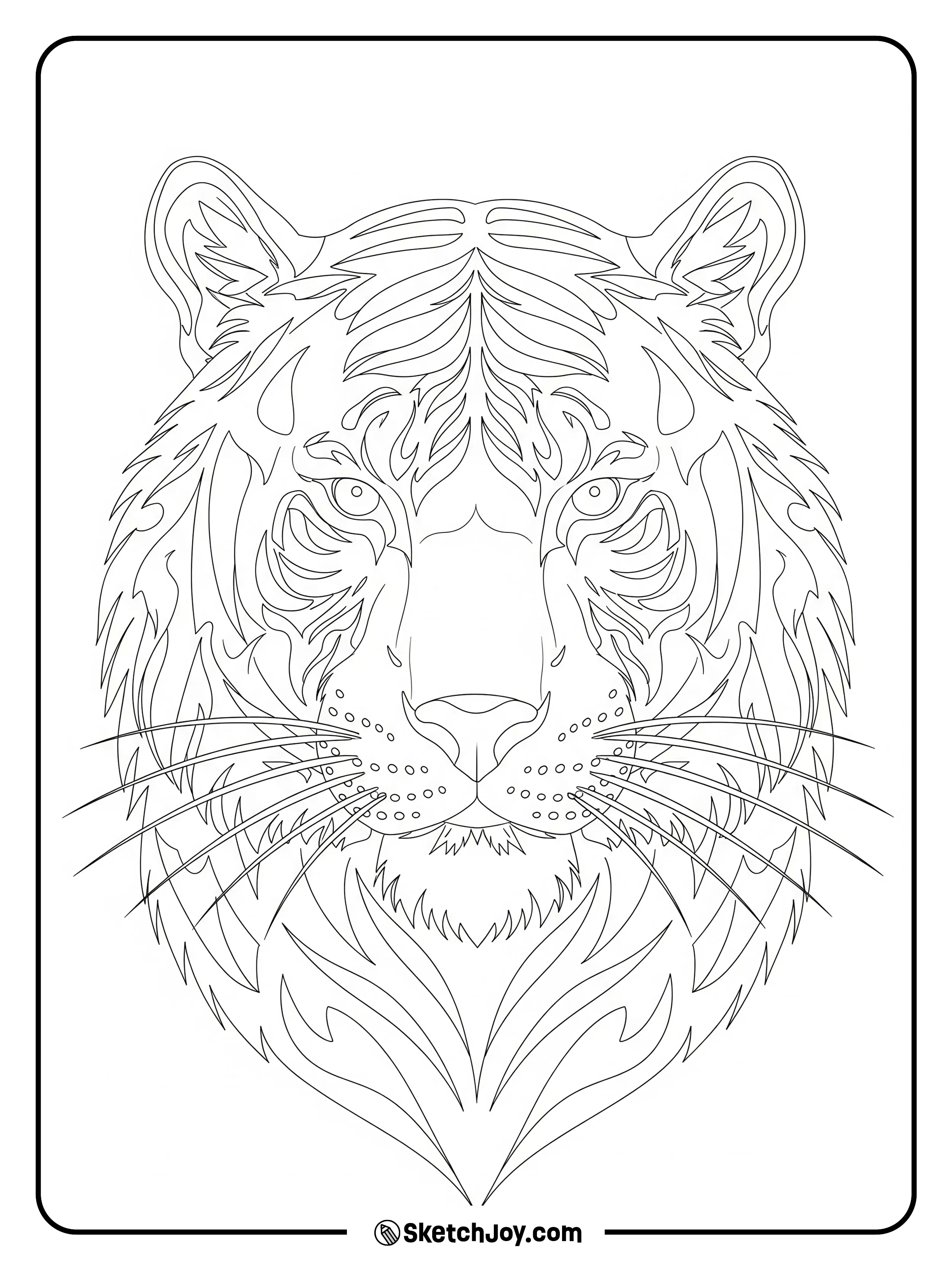 A roaring head with flame shapes weaving through stripes.