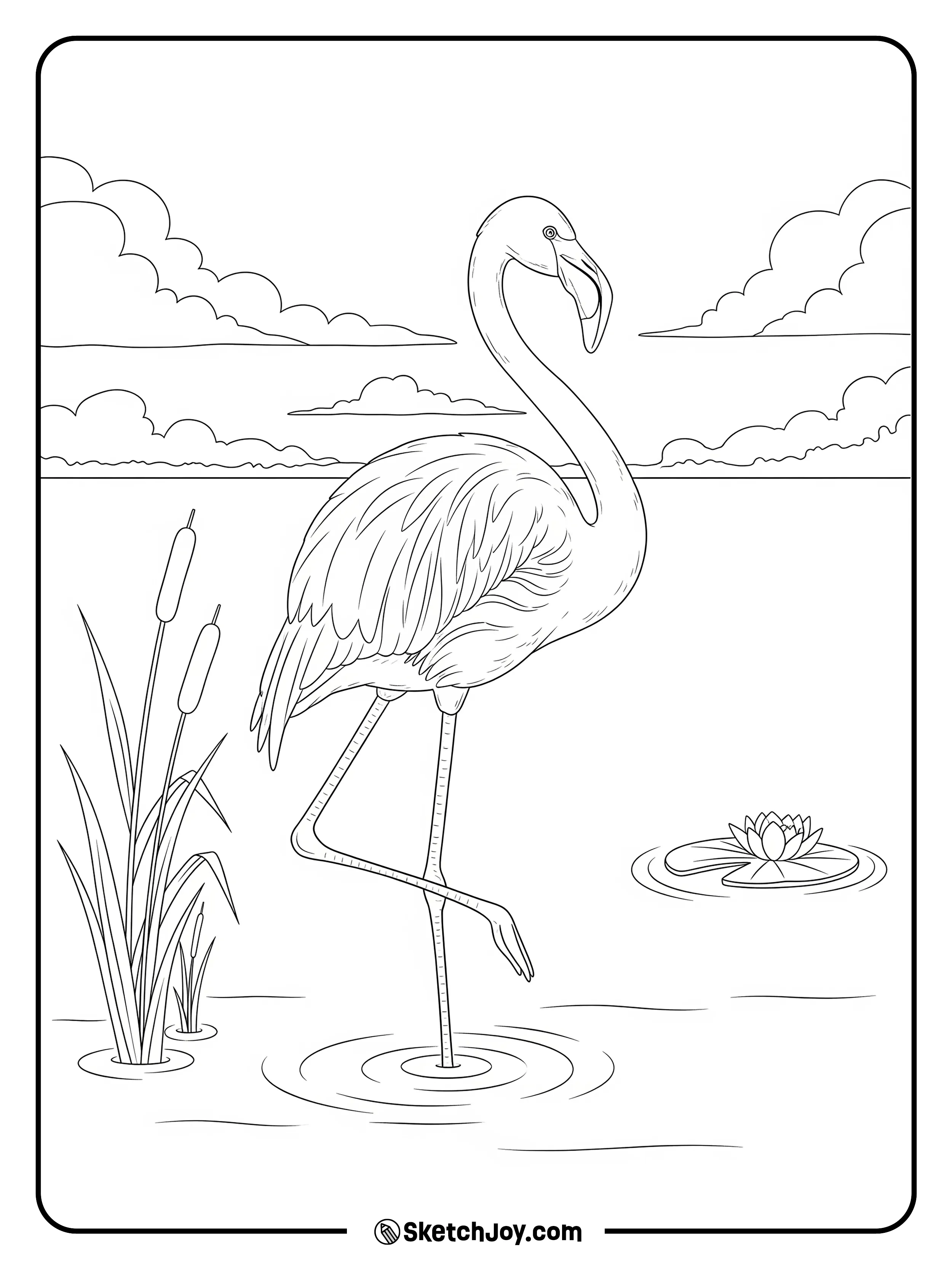 A tall flamingo stands on one leg near quiet water.