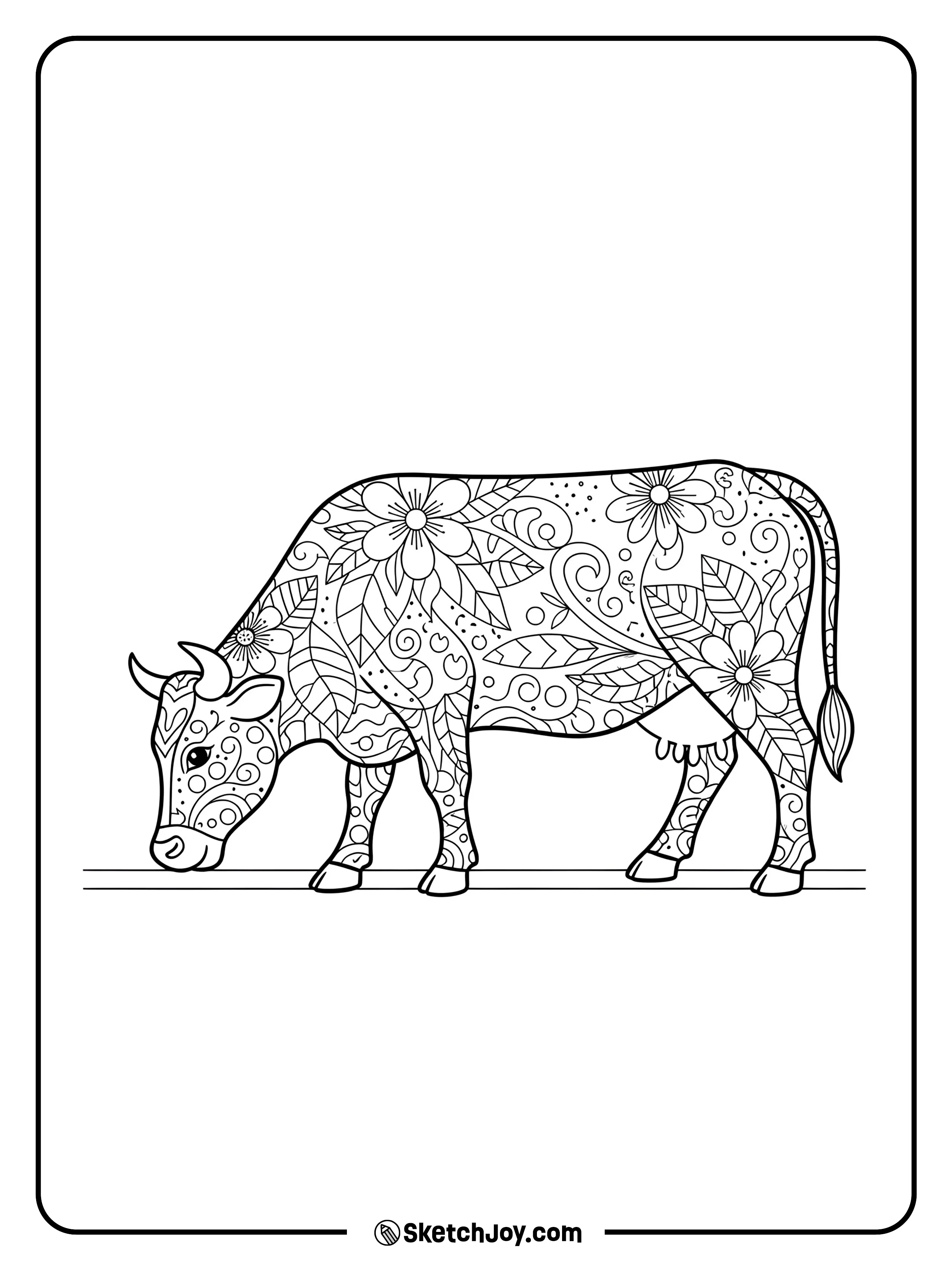 A side-view cow silhouette filled with gentle flowers and leaves.