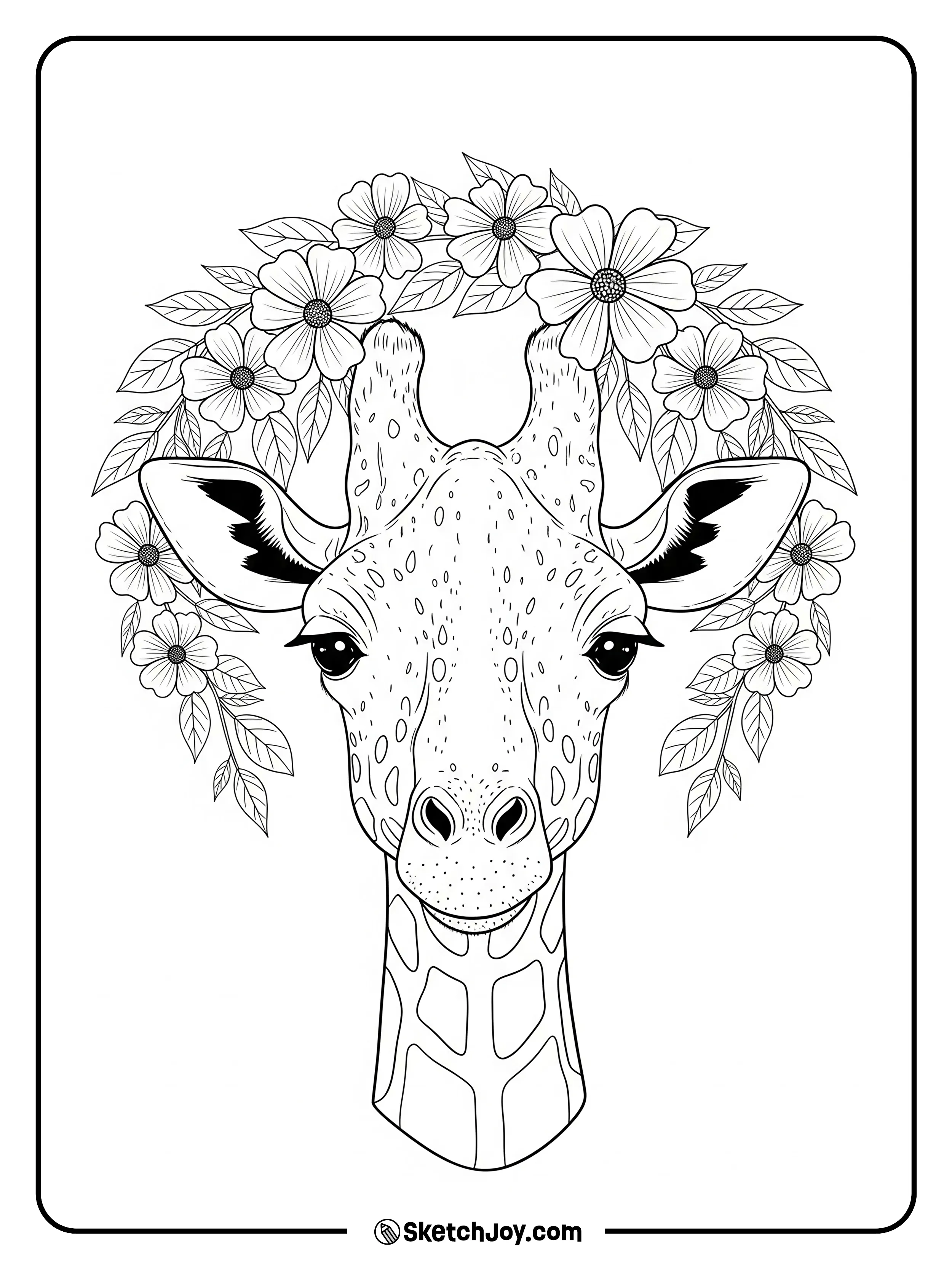 A giraffe head rests inside a ring of simple flowers.