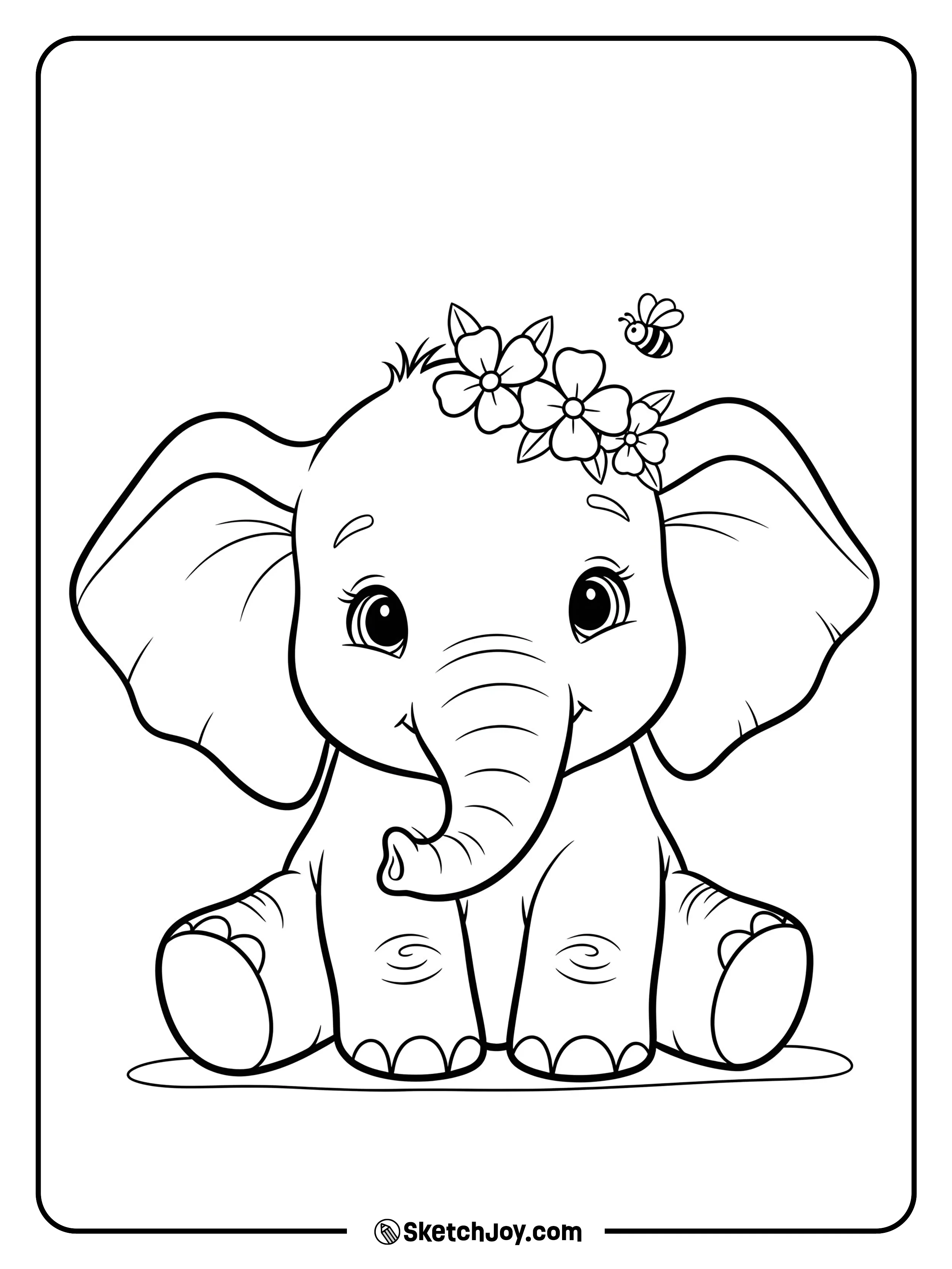 A baby elephant wears a simple flower band across its head.