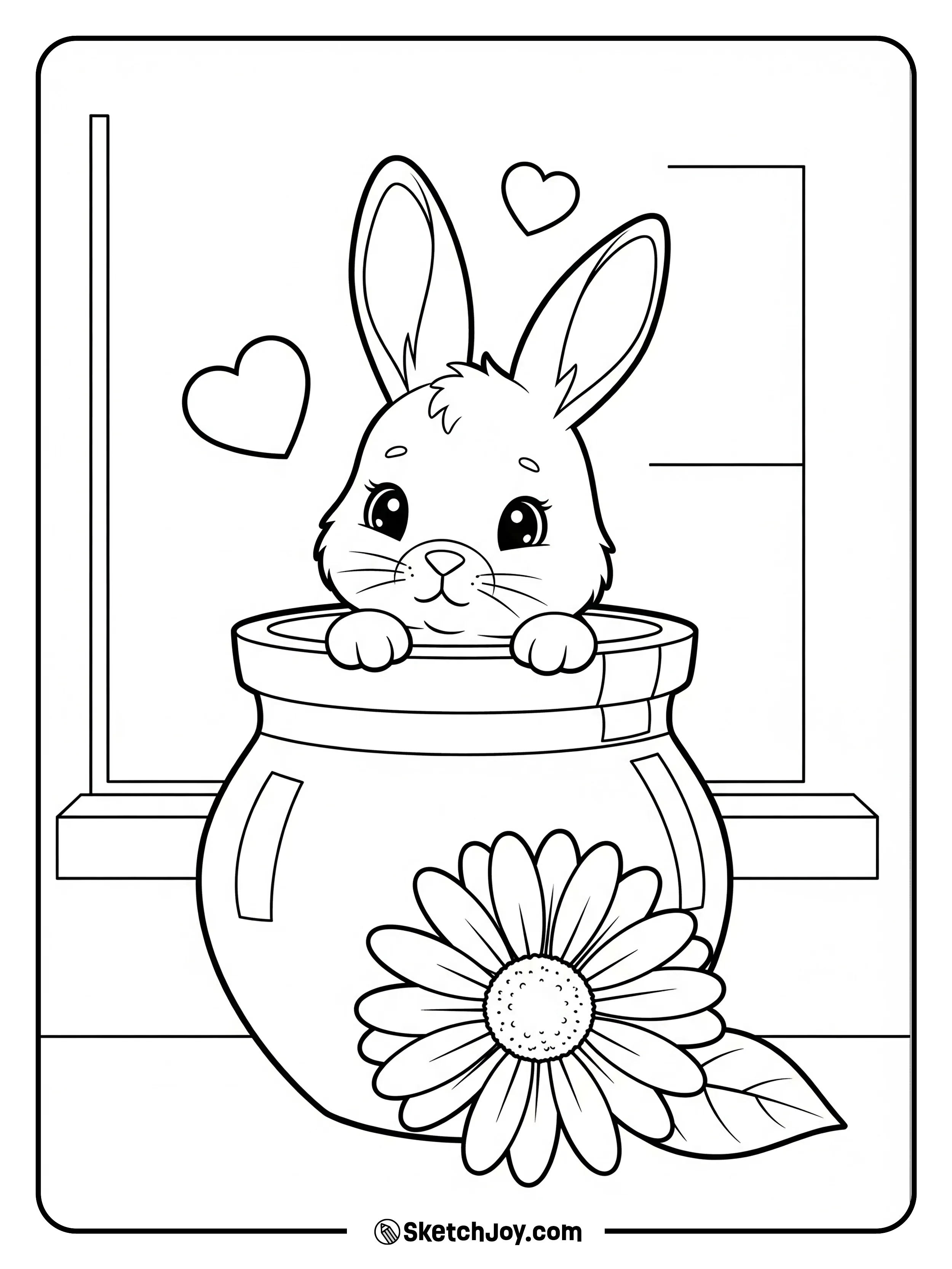 A tiny bunny pops out of a wide flower pot with one daisy.