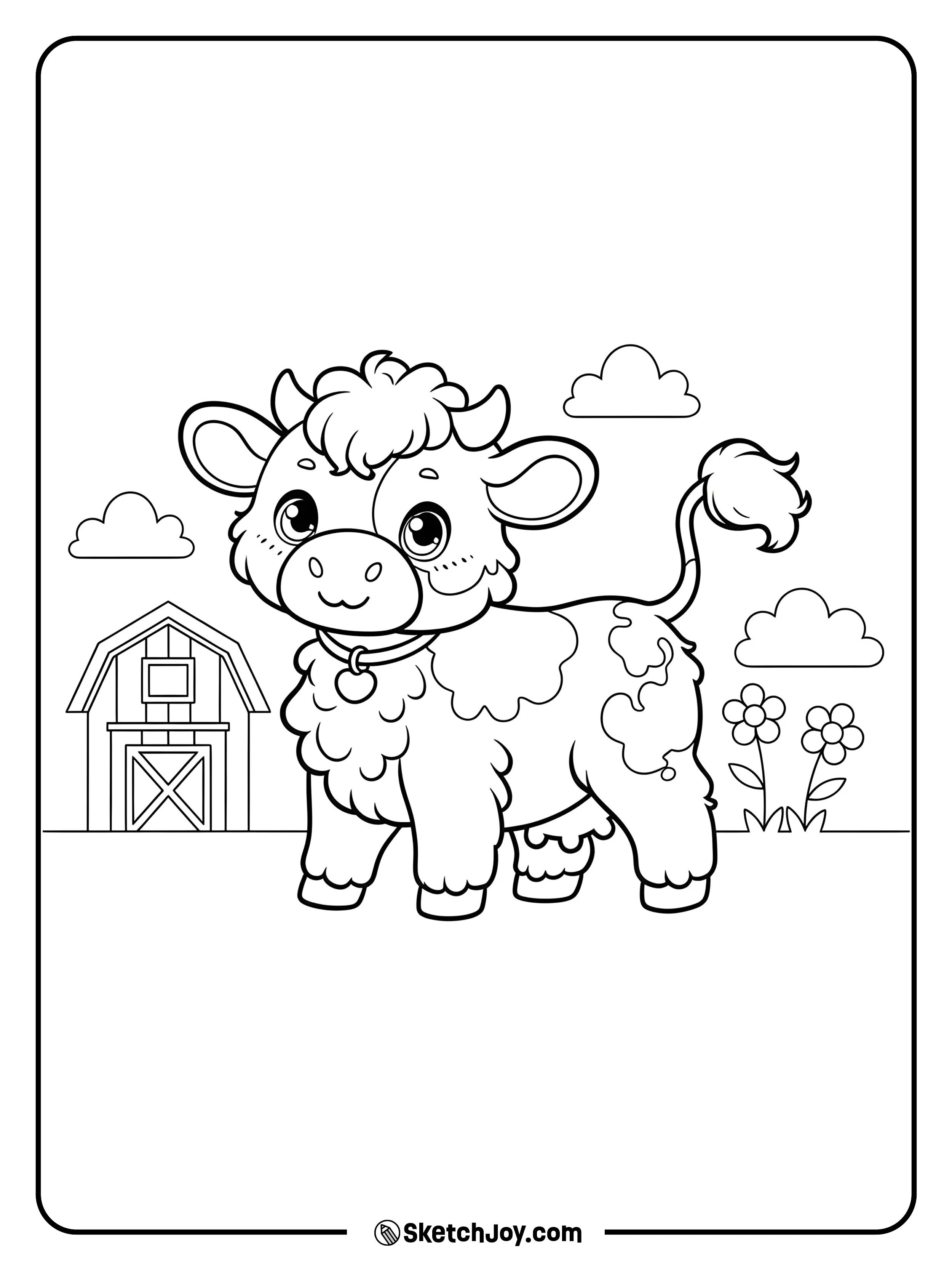 A cute, fluffy calf stands proudly near a small barn.
