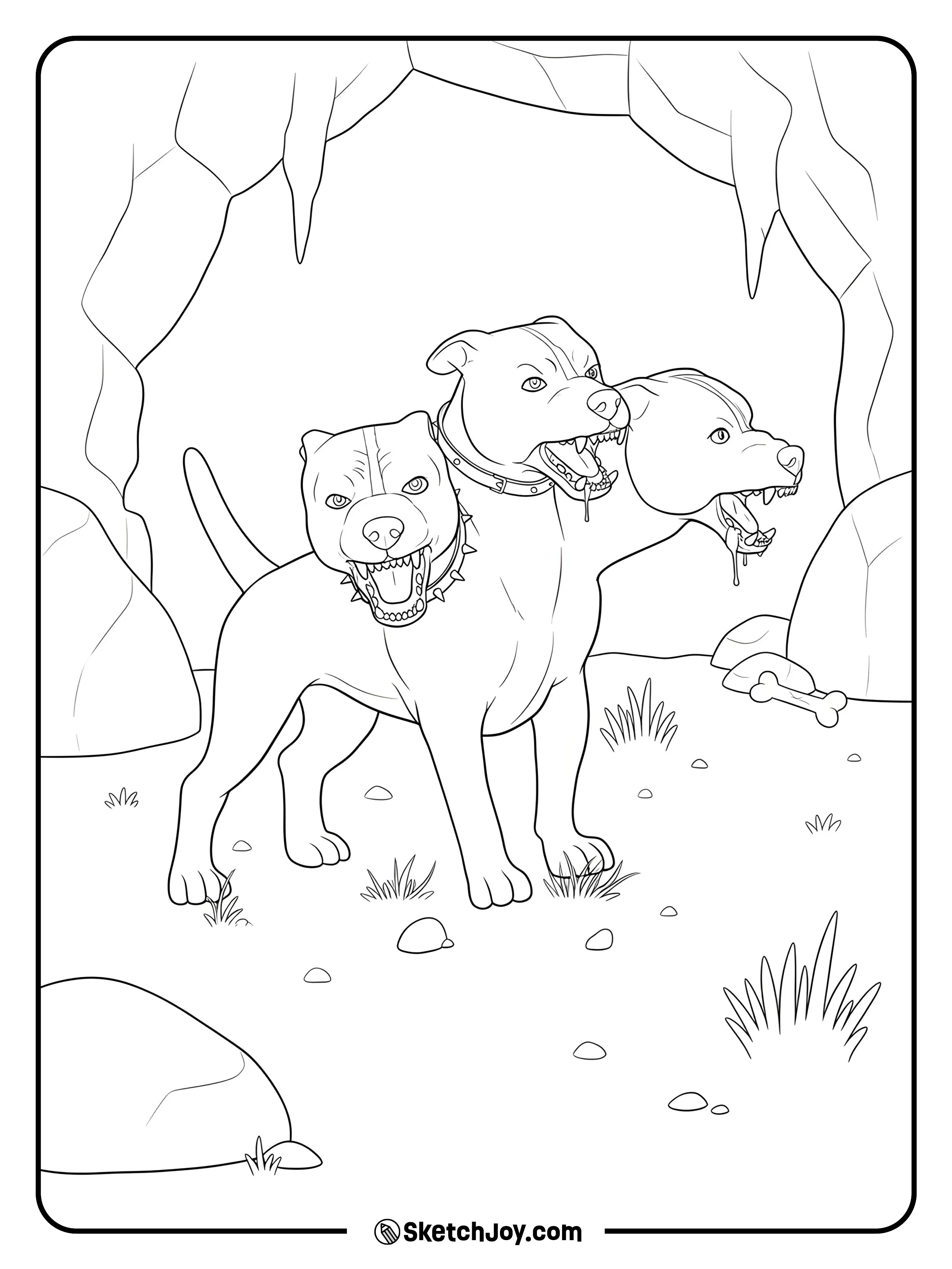 The three-headed dog stands near a cave opening and looks alert but calm.