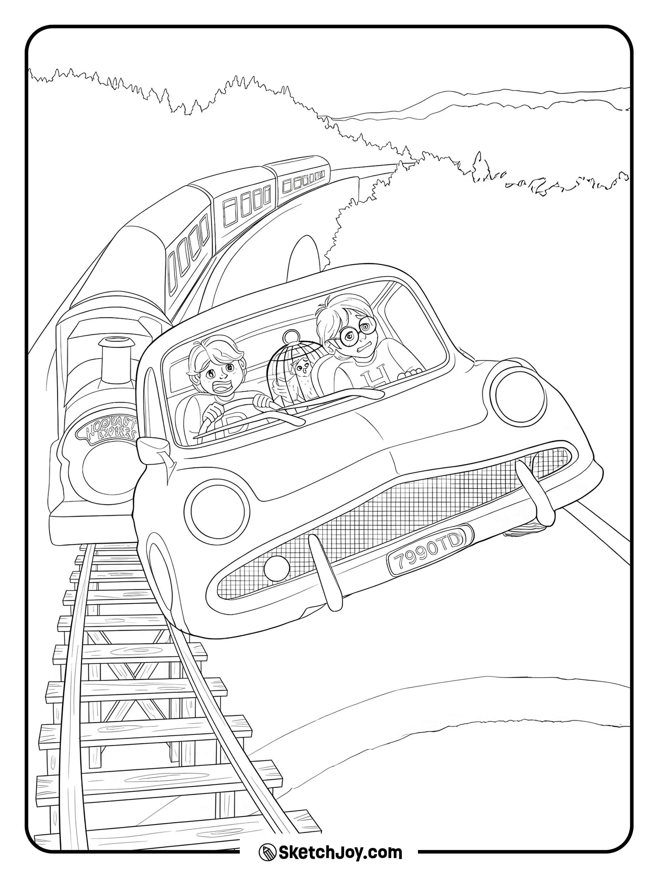 Ron drives while Harry looks out, and Hedwig sits in a cage between them.