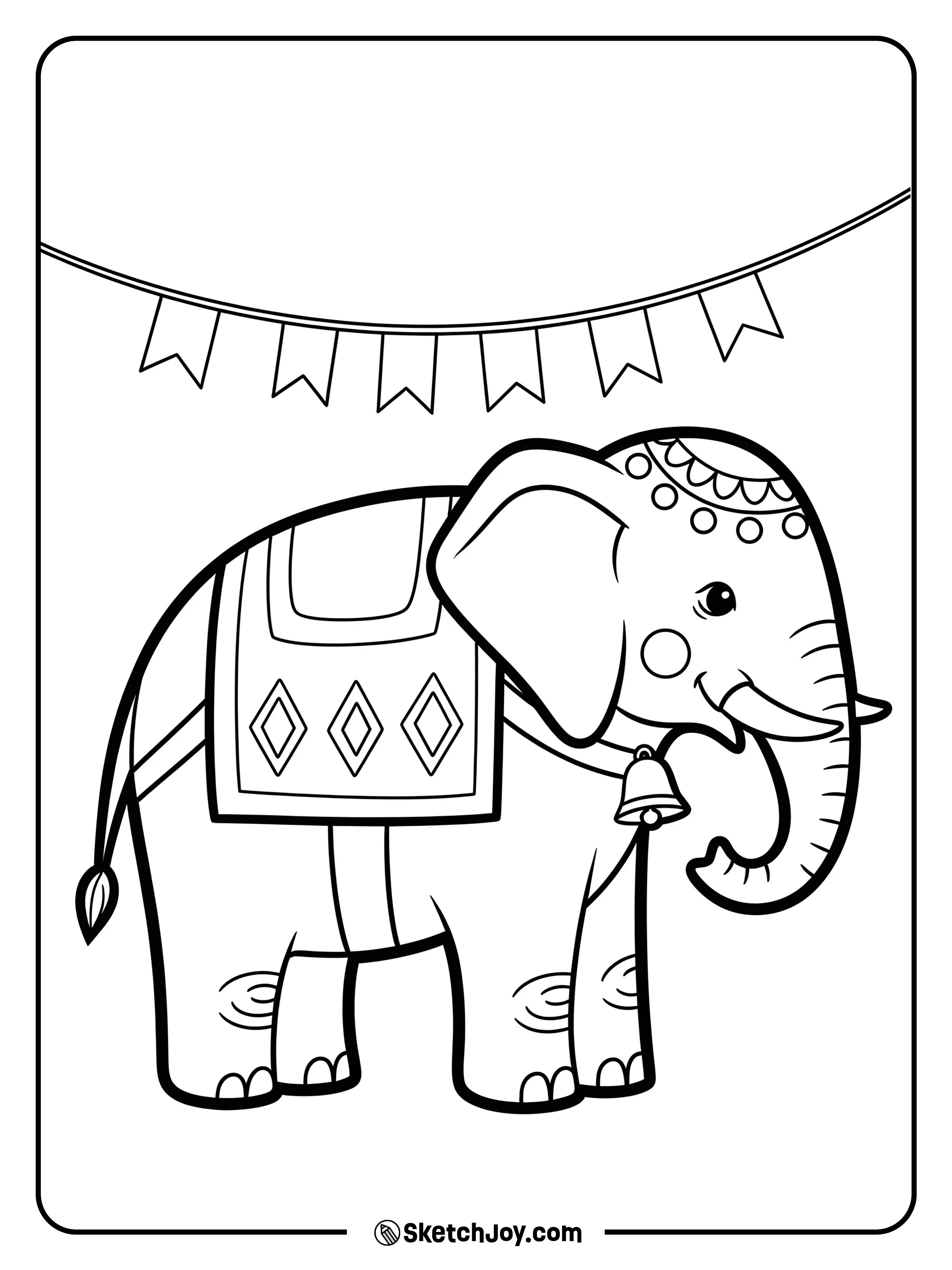 A friendly elephant wears a simple patterned cloth.