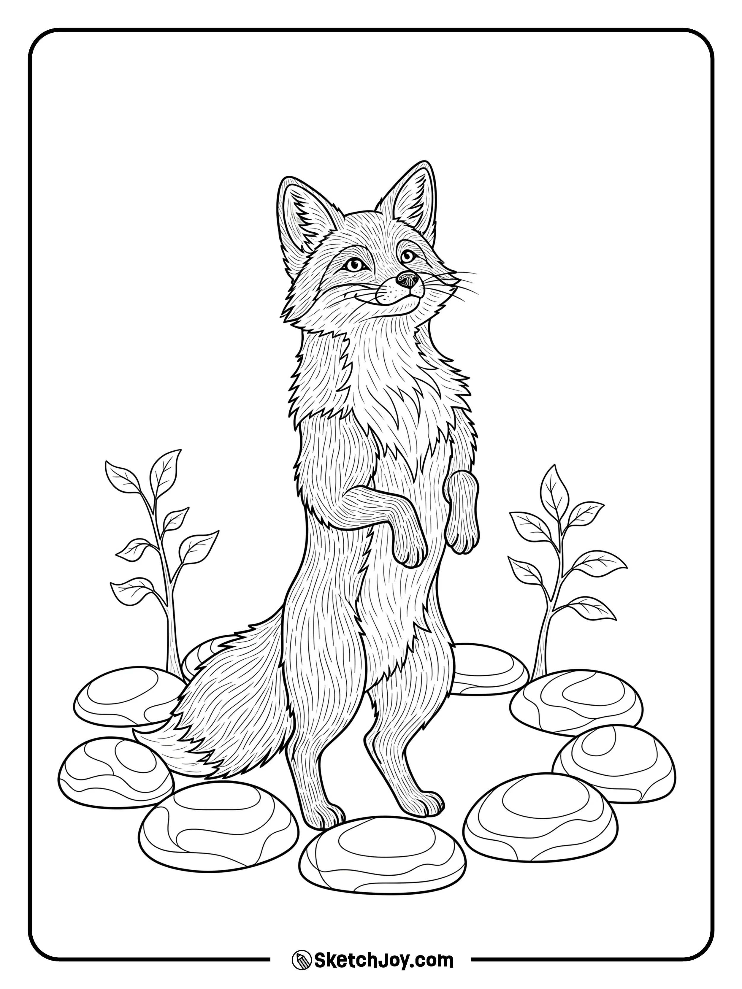 A regal fox with small antler-like branches stands in a ring of stones.