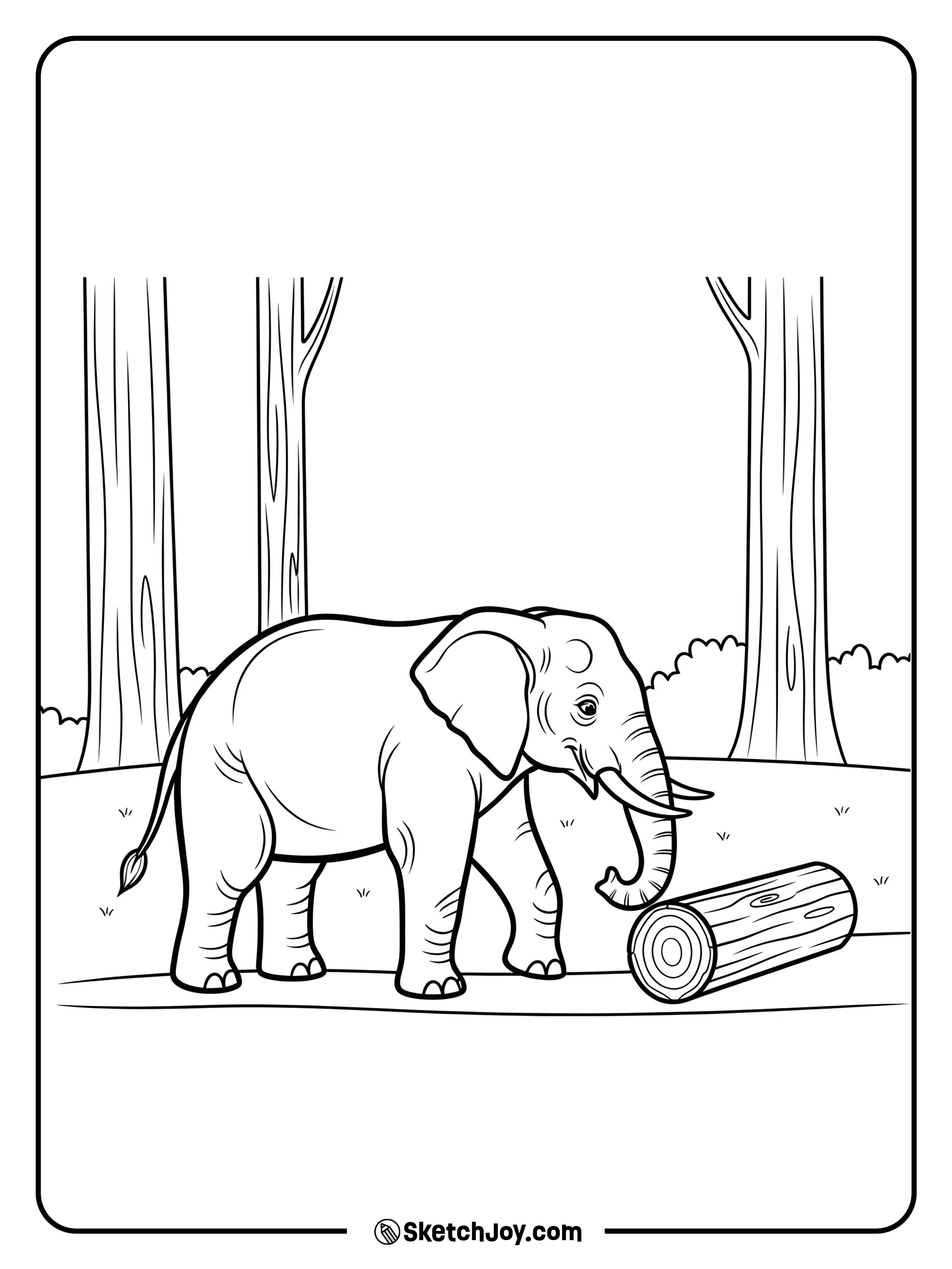An elephant nudges a fallen branch with its trunk in a clearing.