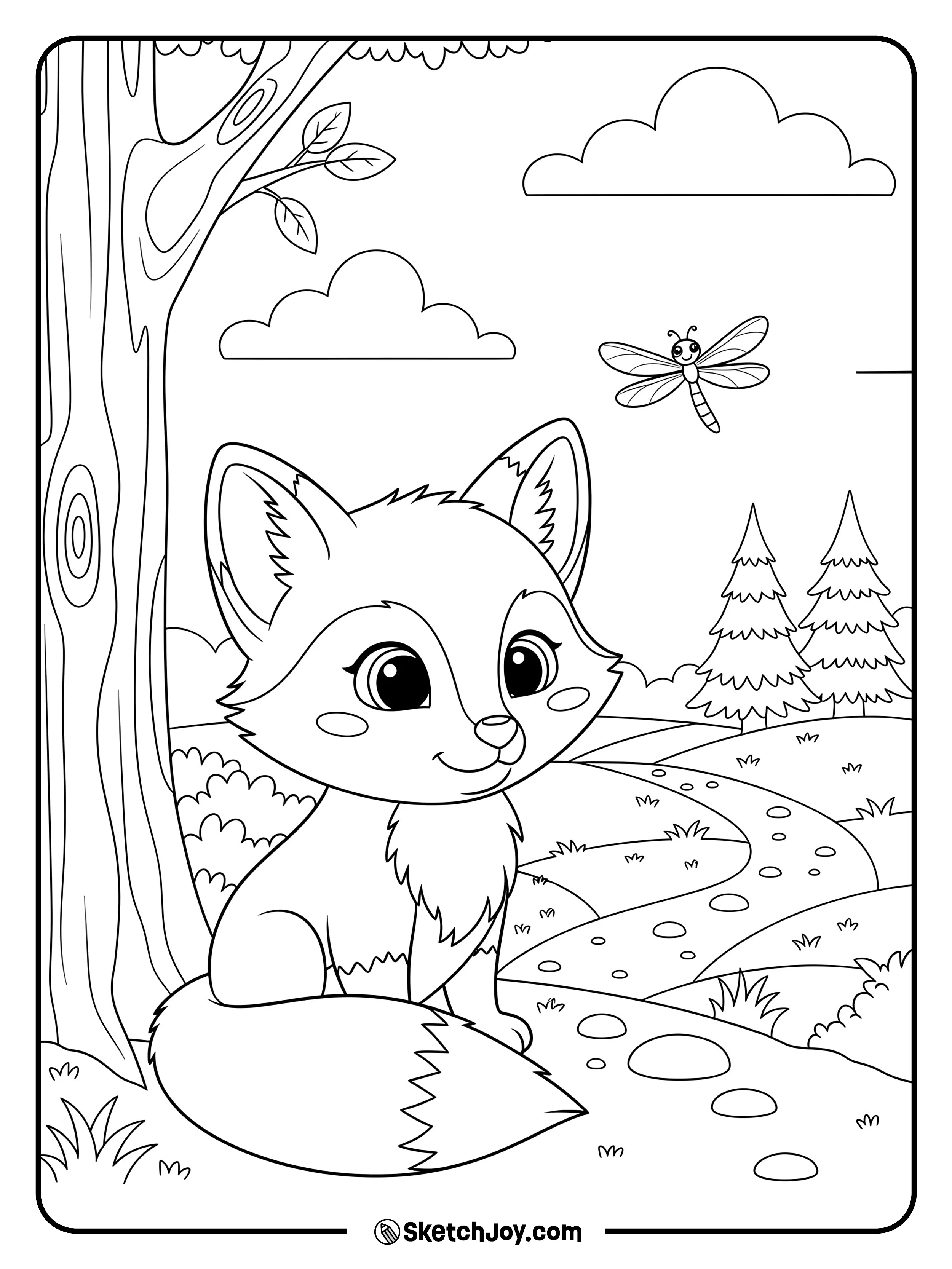 A cute young fox sits by a winding path in a quiet pine forest while a dragonfly hovers overhead.