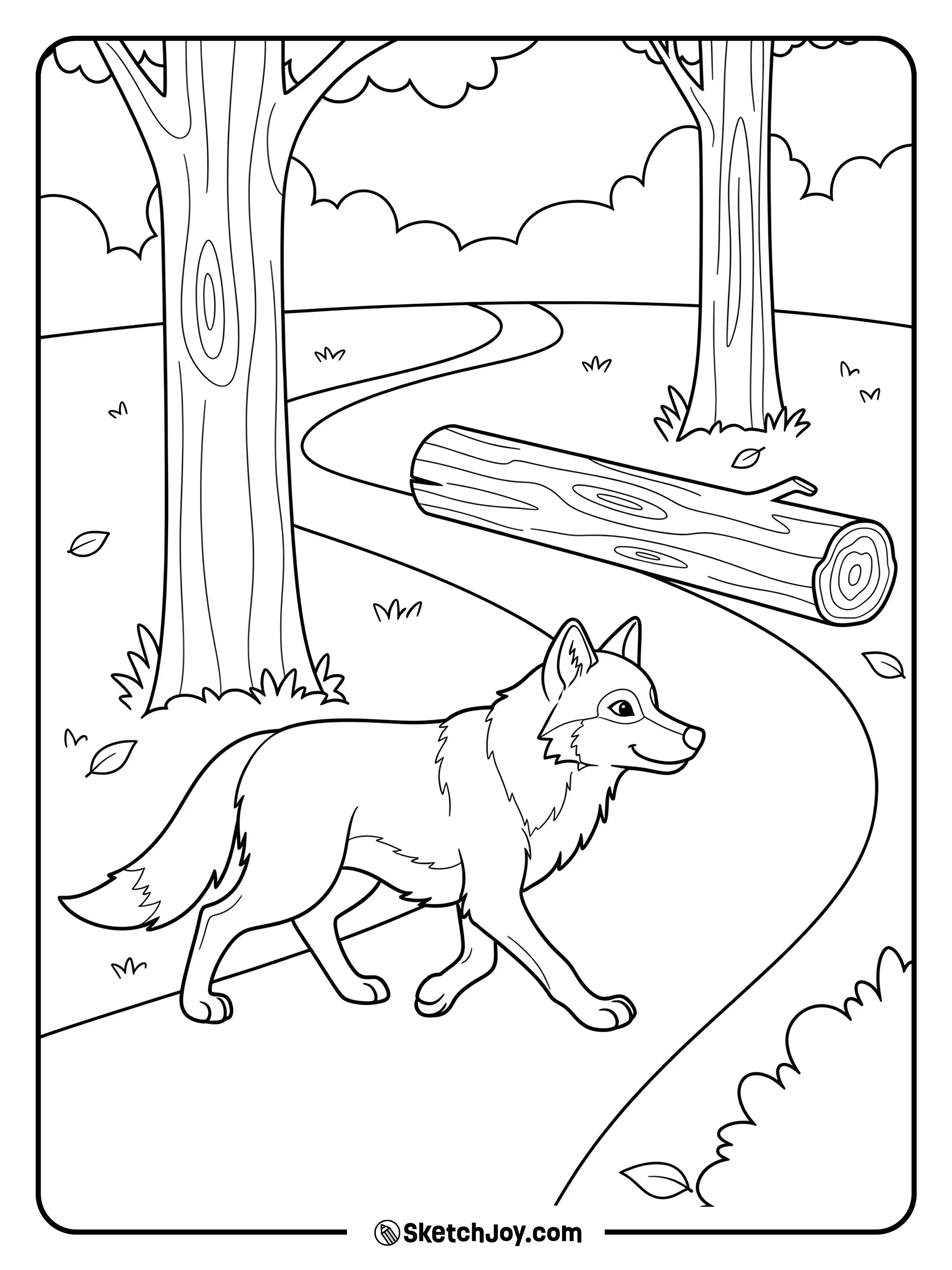 A lean wolf trots down a forest path.