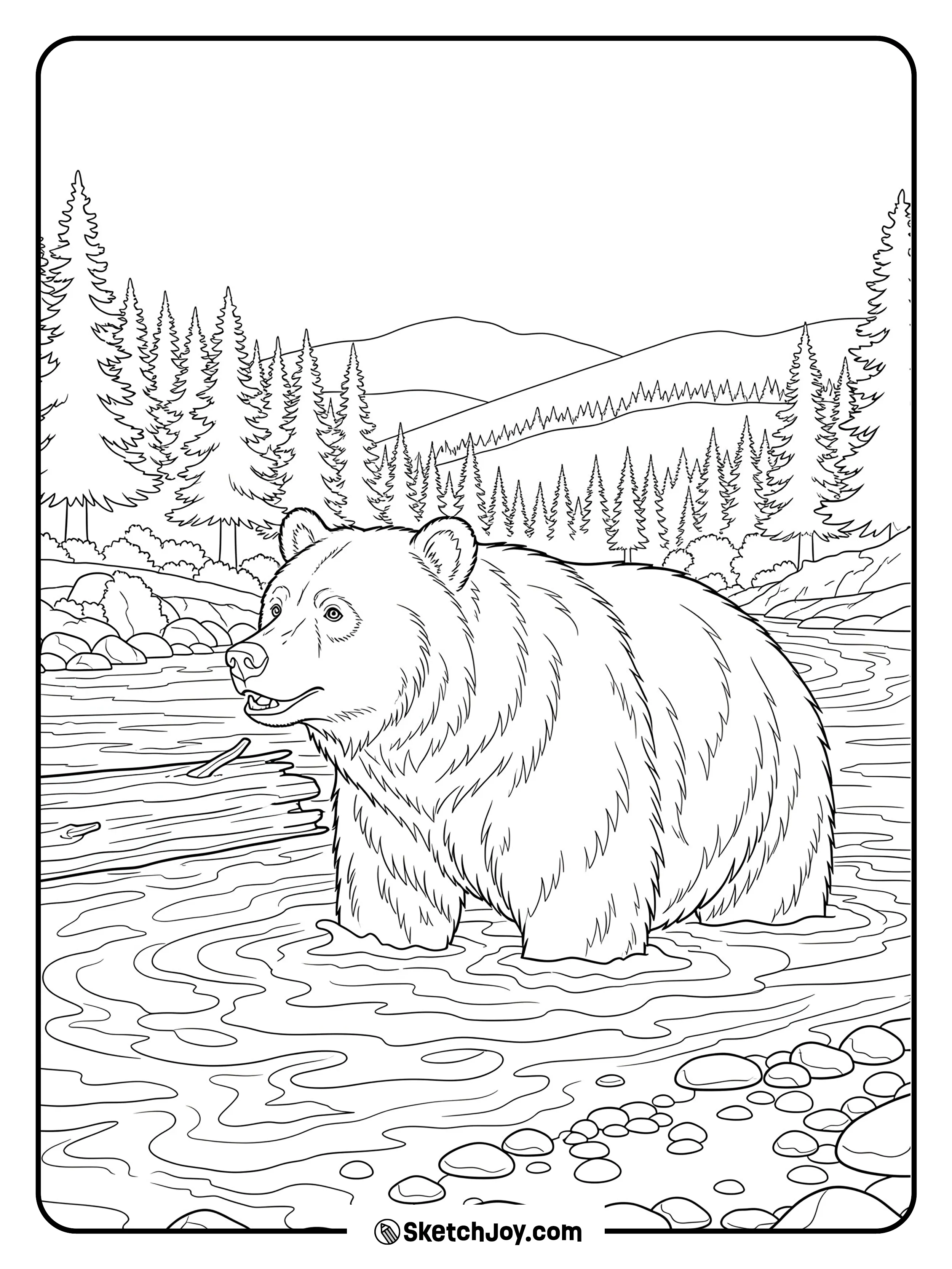 A brown bear steps through a rocky river under tall trees.