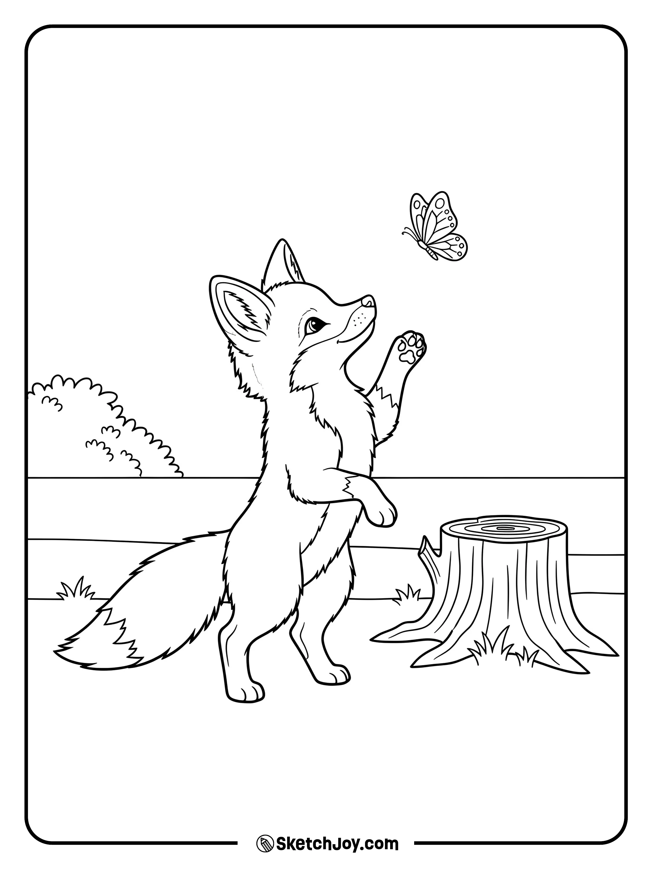 A curious kit reaches toward a butterfly above a stump