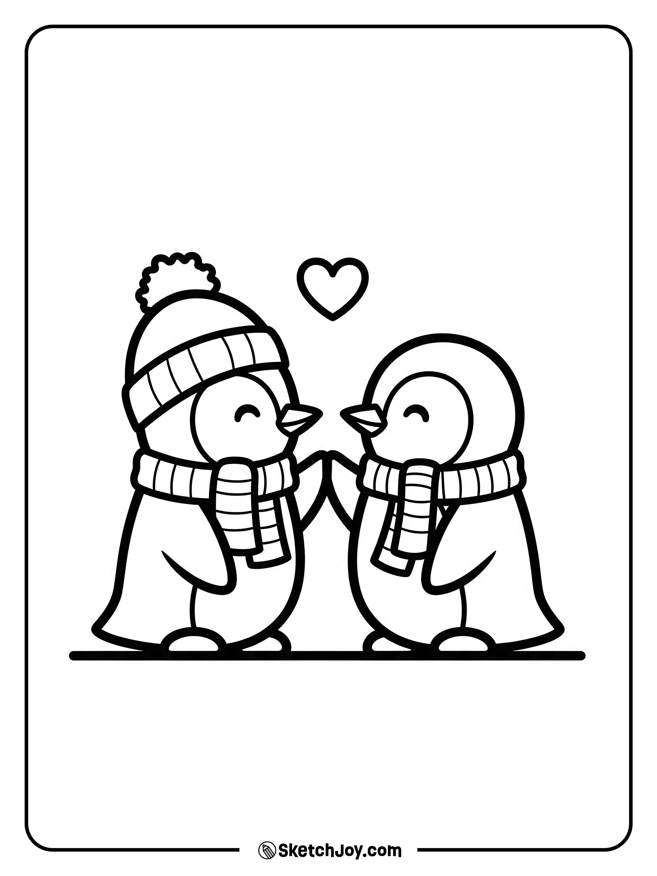 Two penguins tap flippers with a smile.