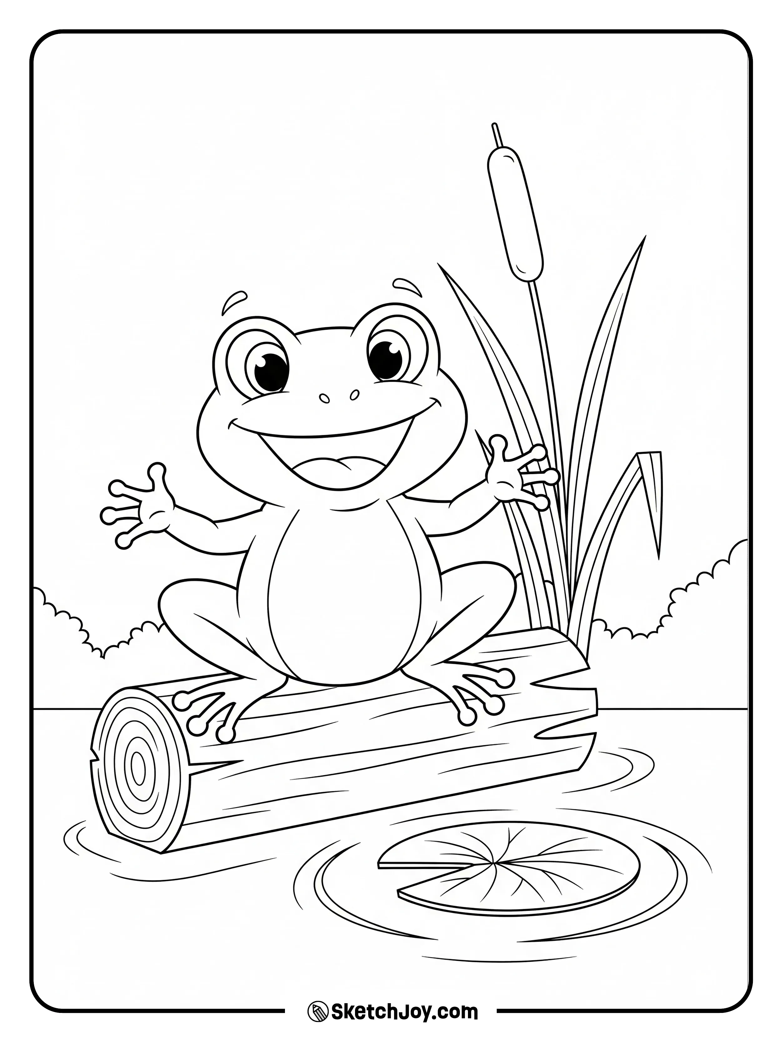 The frog keeps balance on a floating log.