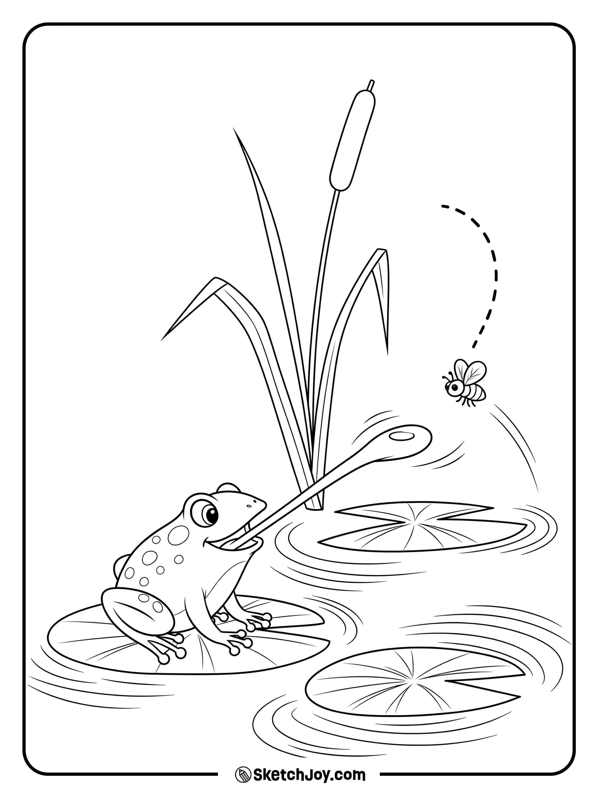 The frog shoots out its tongue to catch a fly.