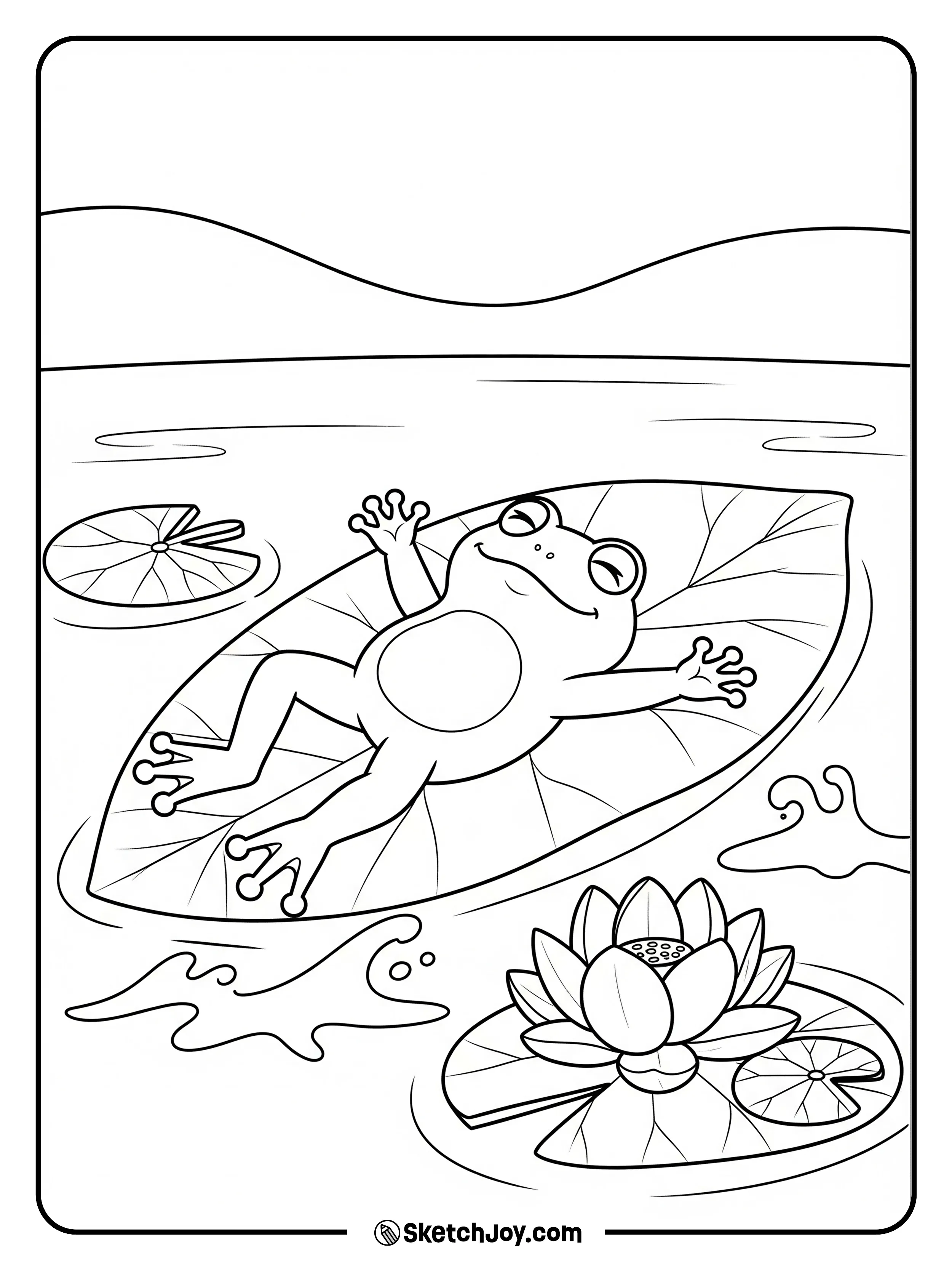 The frog relaxes on a leaf that floats like a raft.