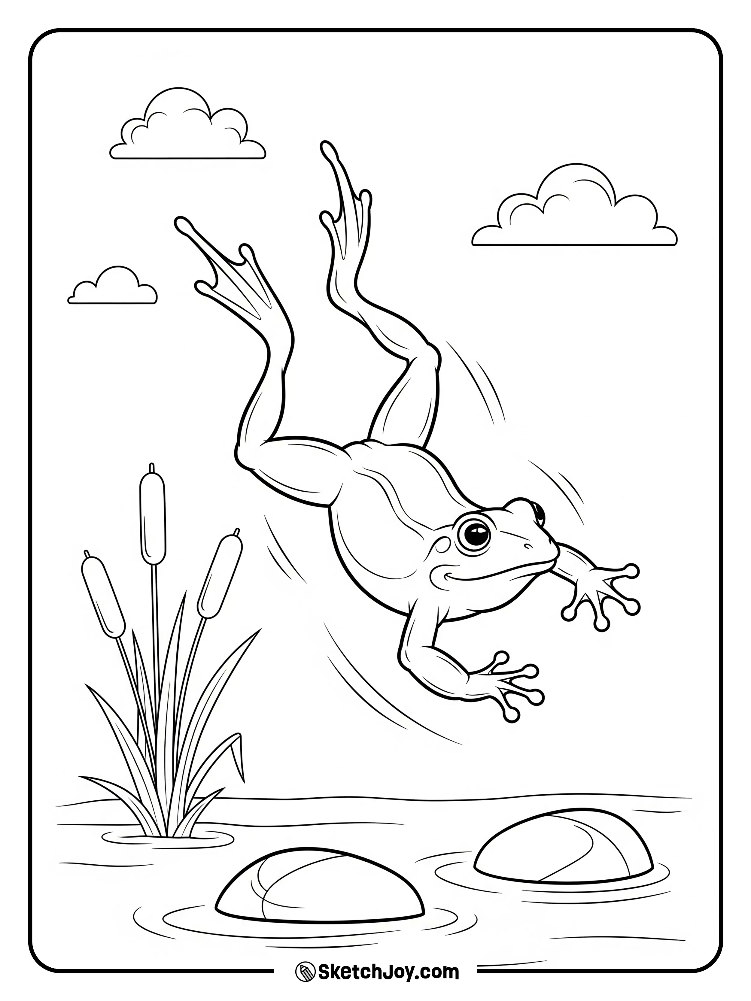 A happy frog leaps over short reeds near the pond edge.