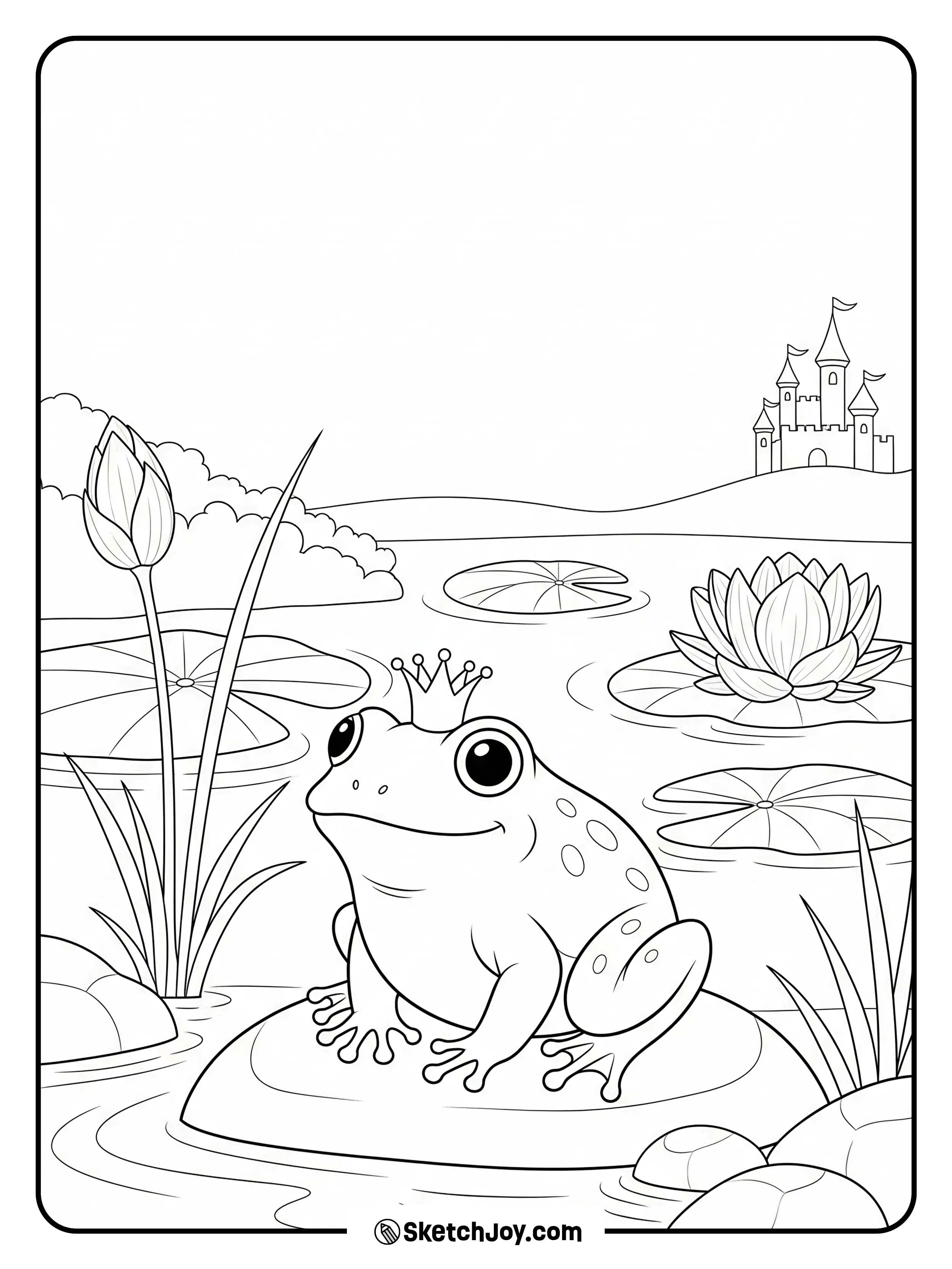 A frog wears a small crown near calm water.