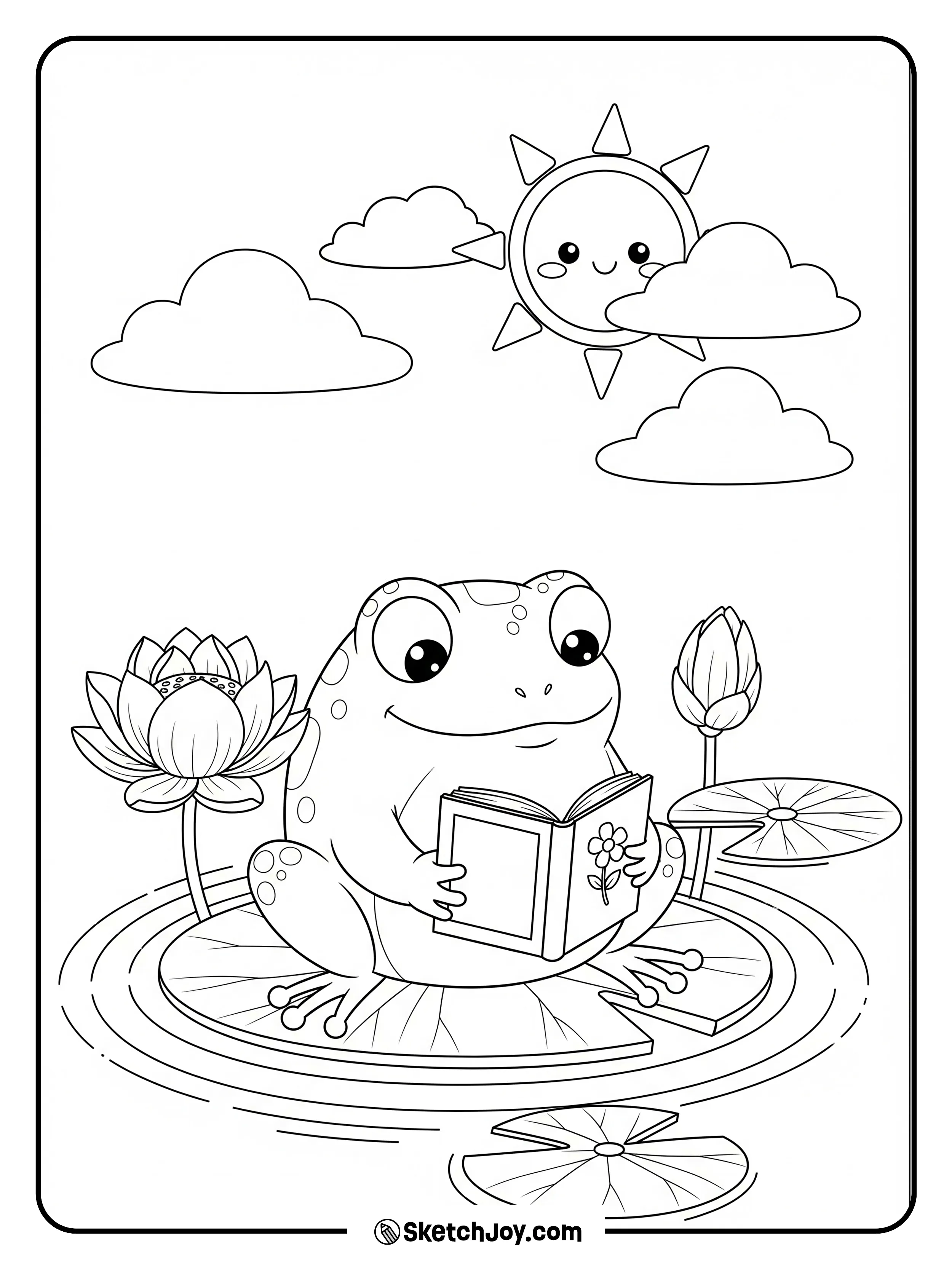 A studious frog reads a small book on a pad.