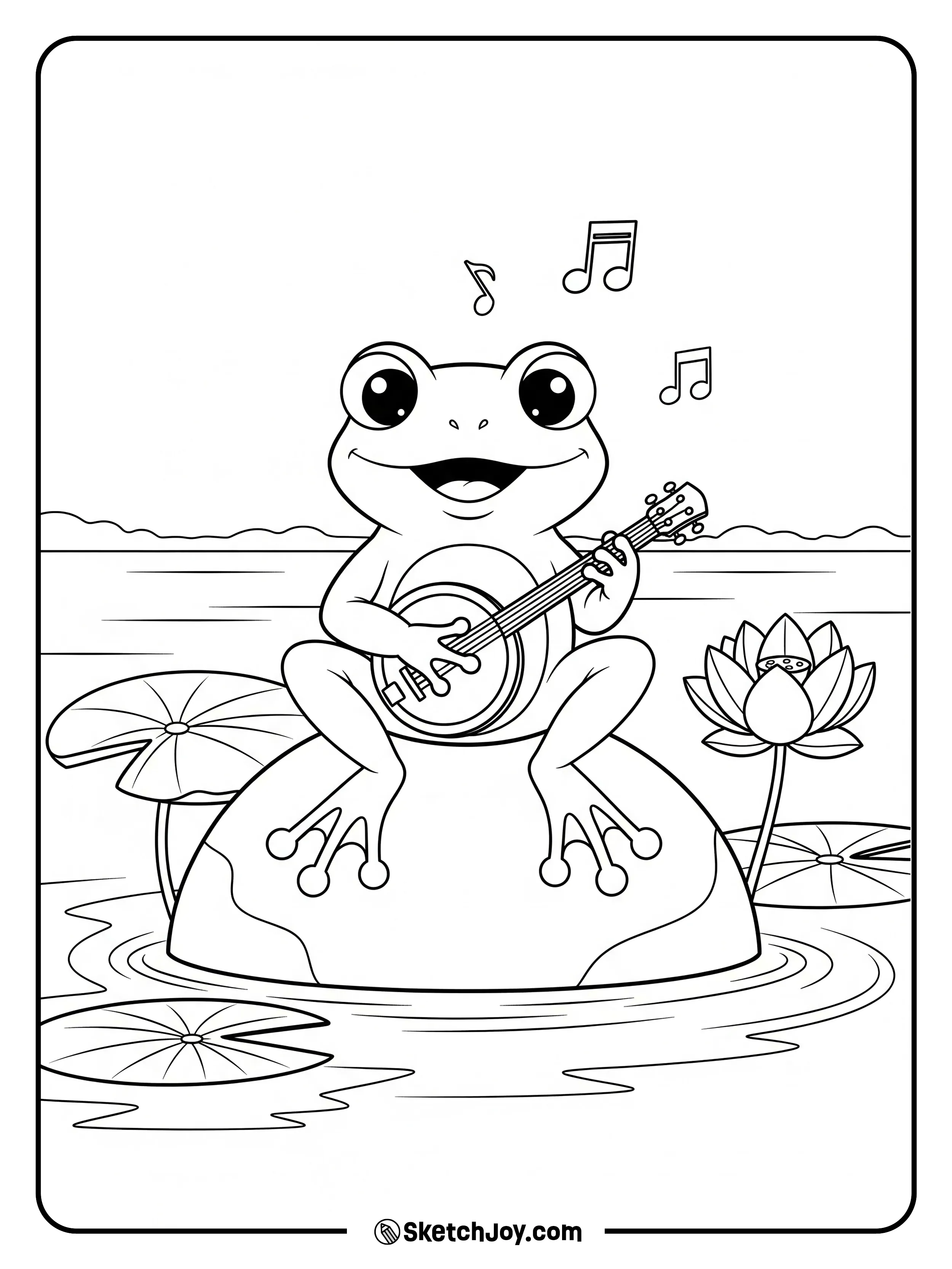 A cheerful frog plays a small banjo by the pond.