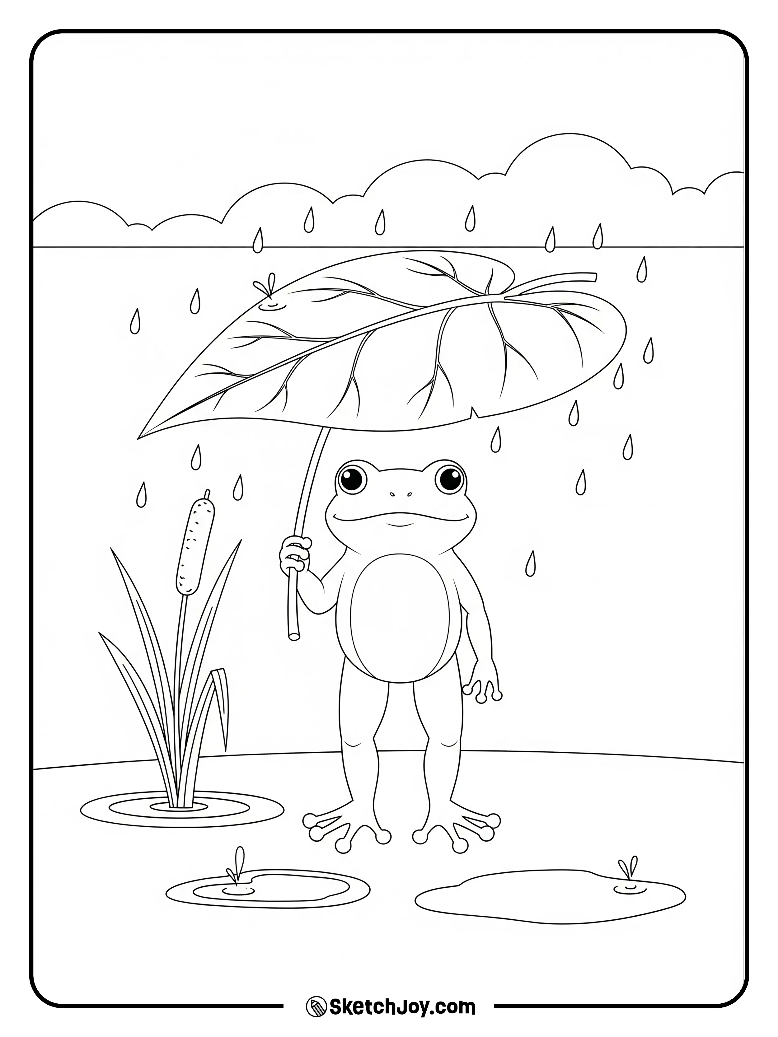 Rain falls while the frog stays dry under a big leaf.