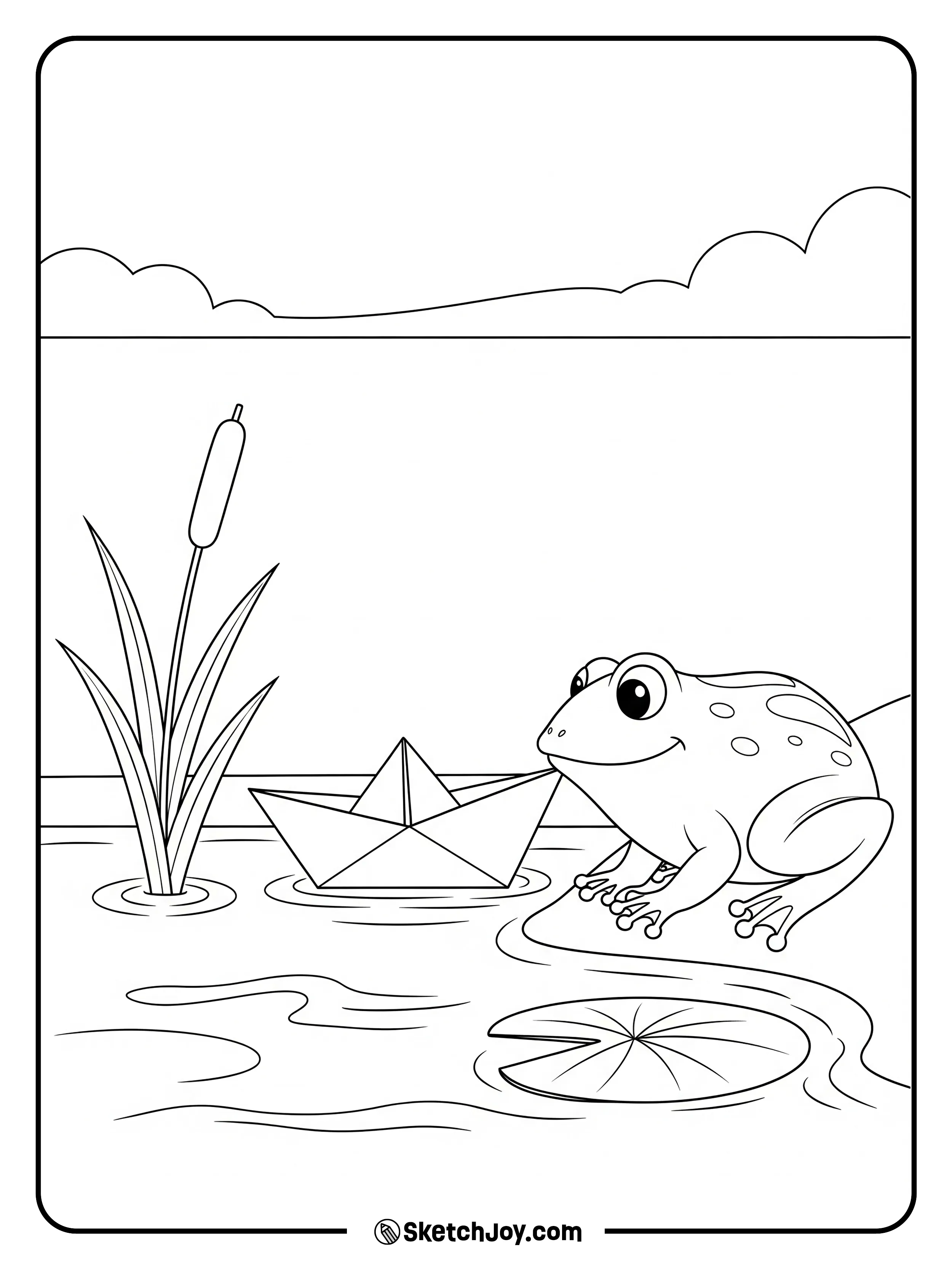 A frog helps a small paper boat float on calm water.