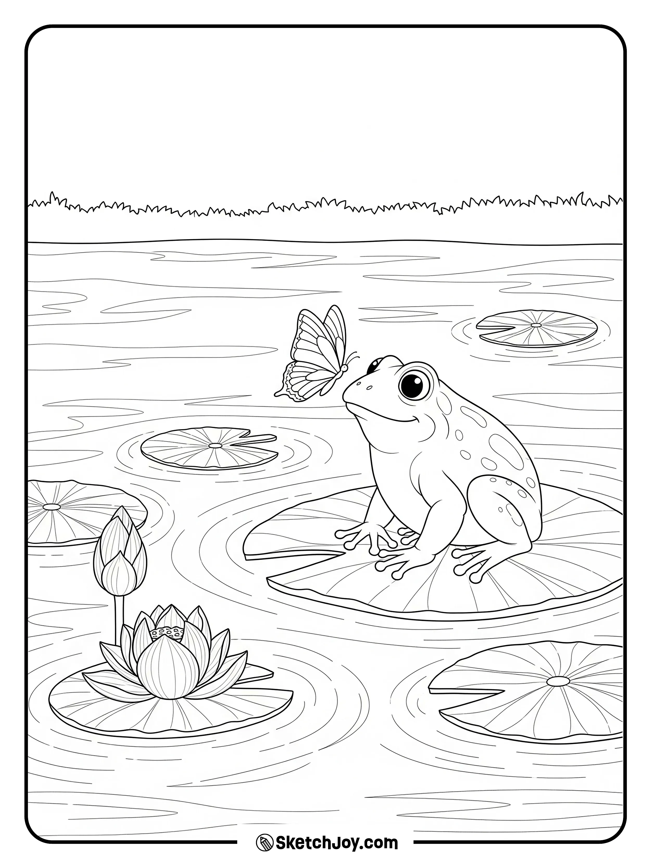 A butterfly lands near the frog’s nose.
