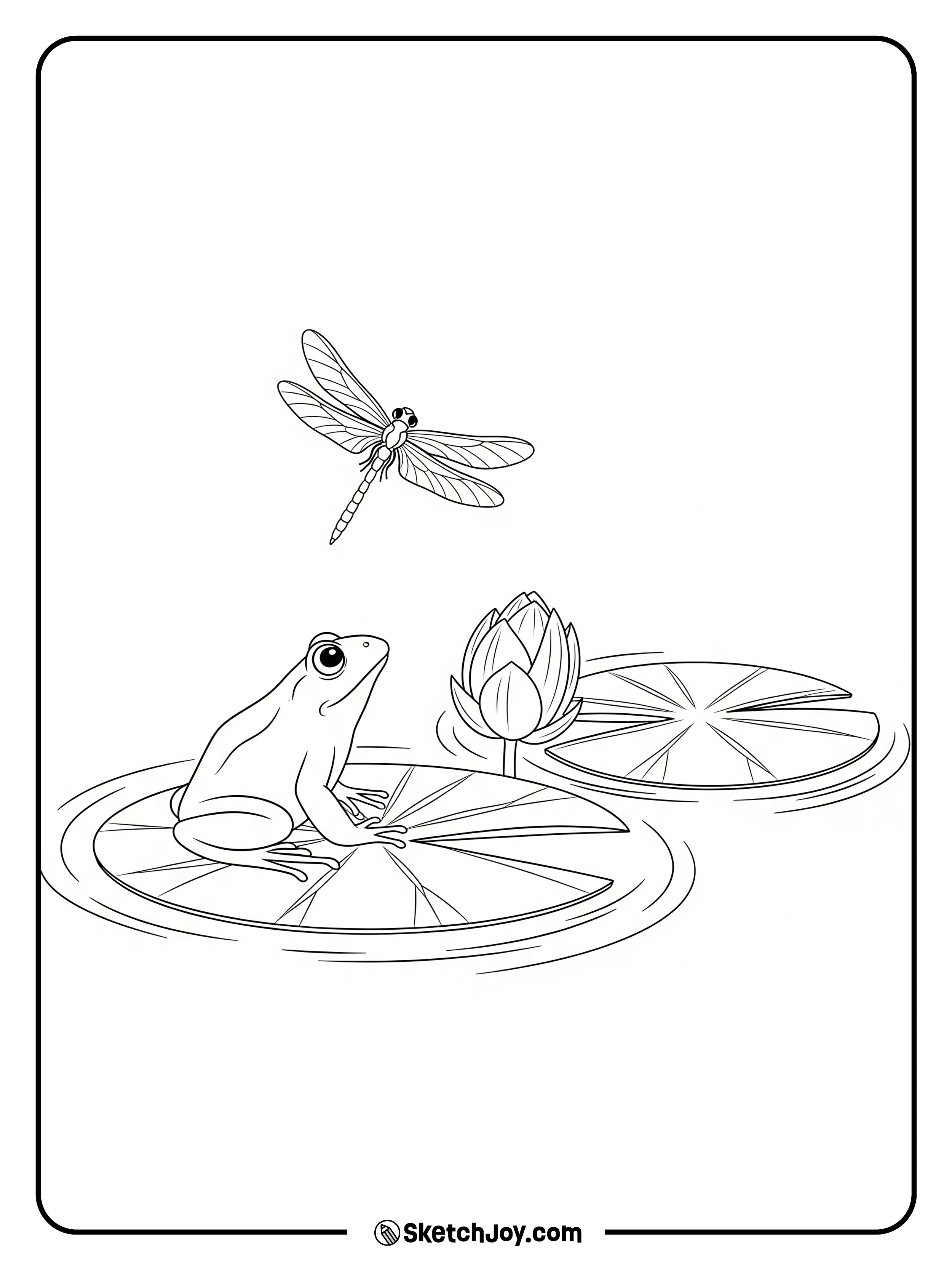A frog looks at a dragonfly that hovers nearby.