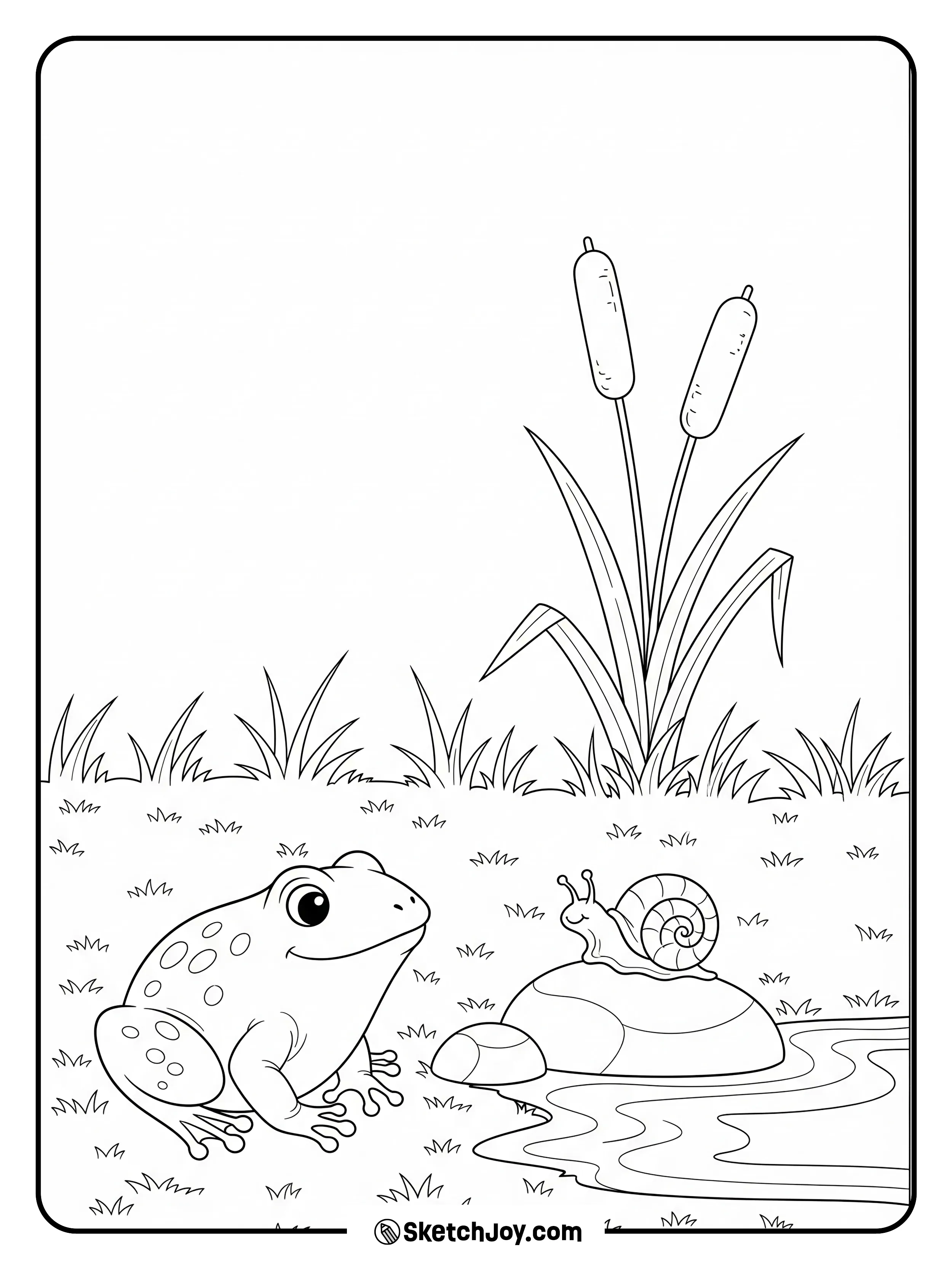 A frog and a tiny snail face each other by the shore.
