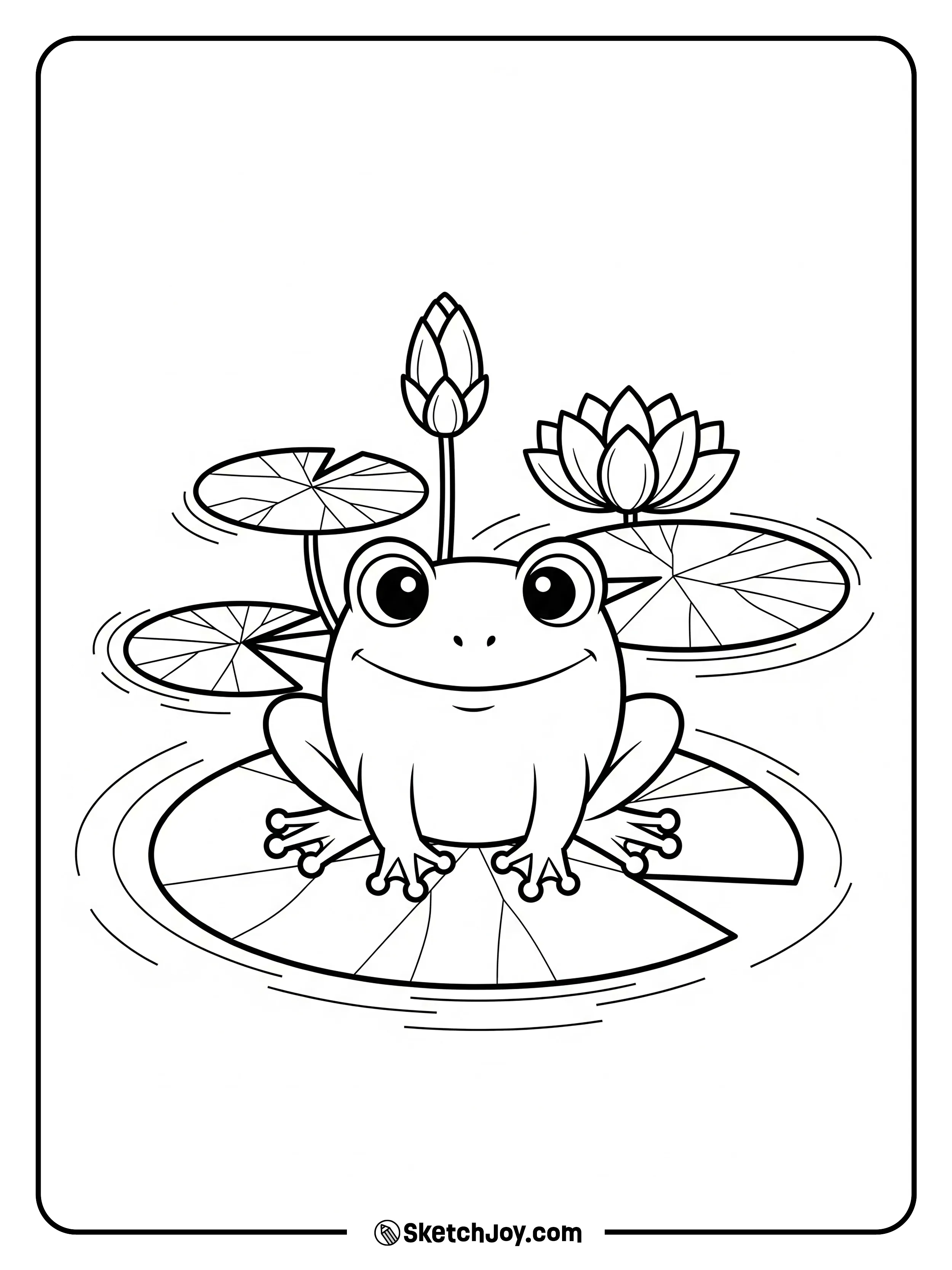 A calm frog sits on a wide lily pad in a quiet pond.