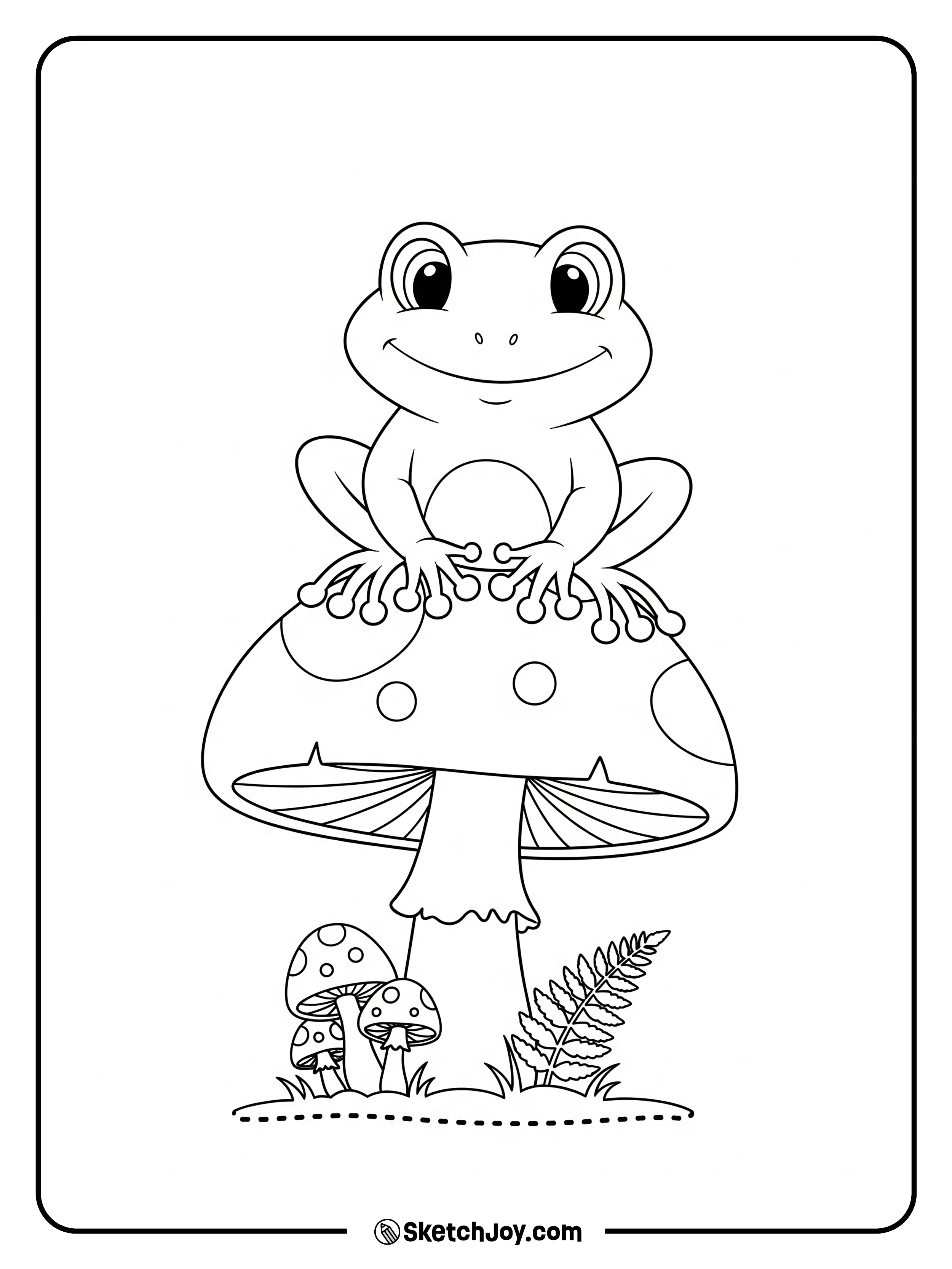 A small frog sits on a stout forest mushroom.